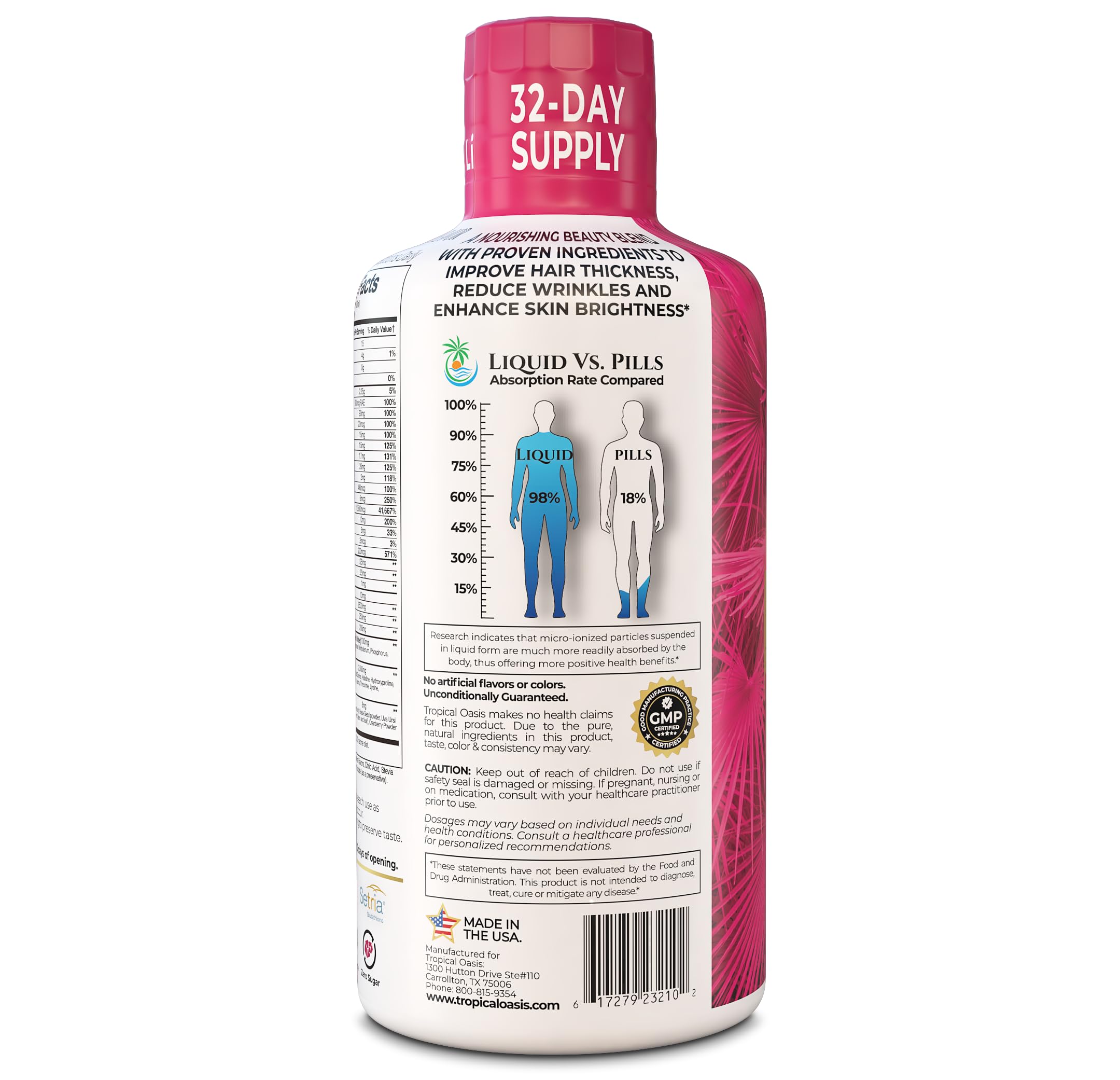 Tropical Oasis, 32 porciones, absorción rápida gracias a la formulación líquida.