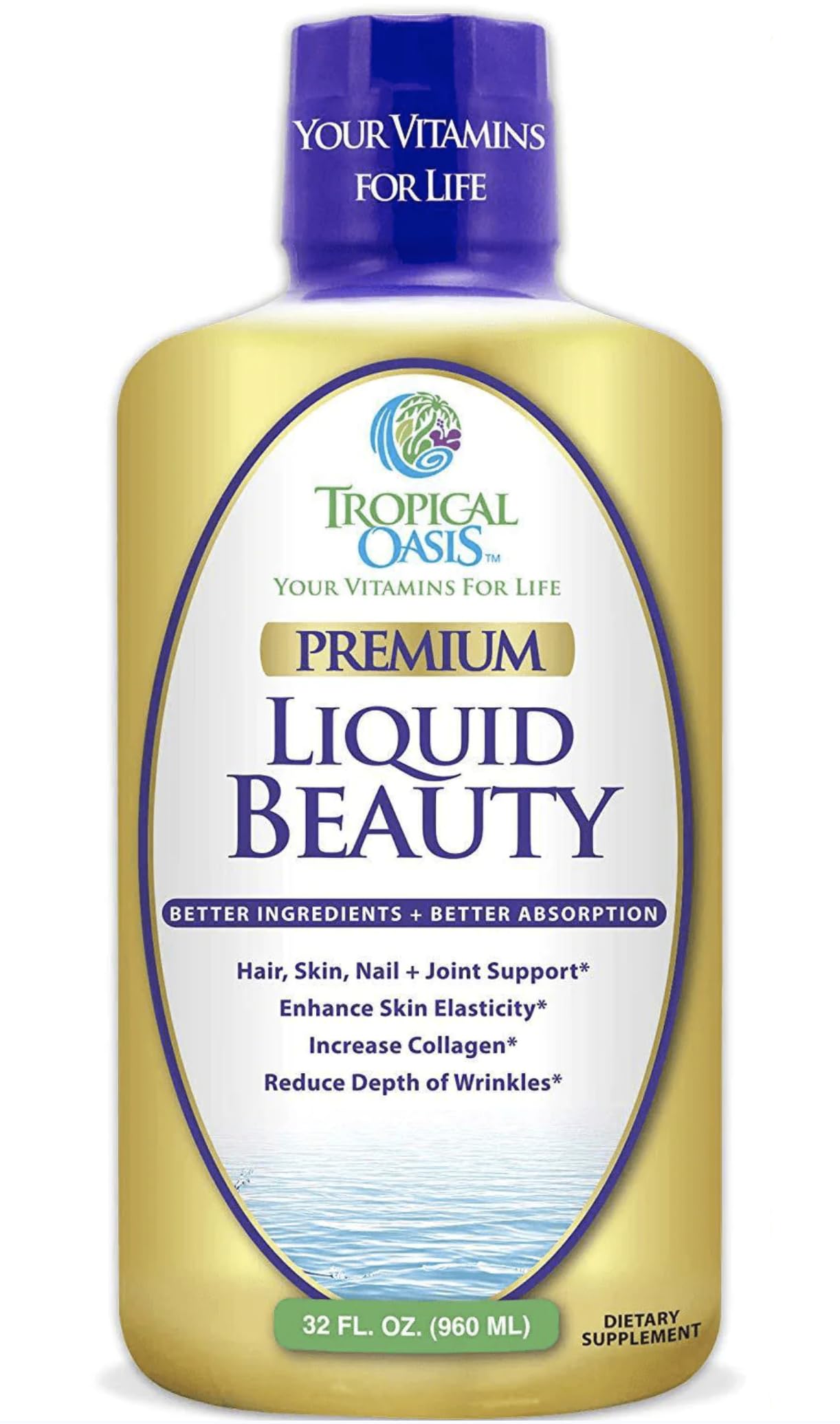 Tropical Oasis Belleza Líquida botella para cabello y piel saludables.