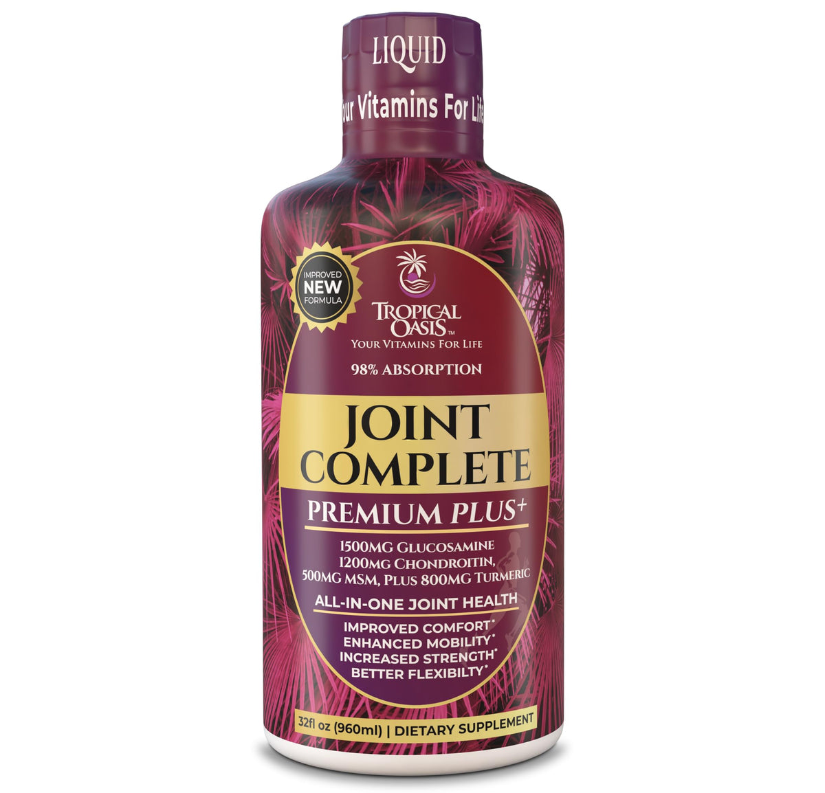 Tropical Oasis Joint Complete Premium Plus vertido de la botella para medir dosis y comodidad potencial.