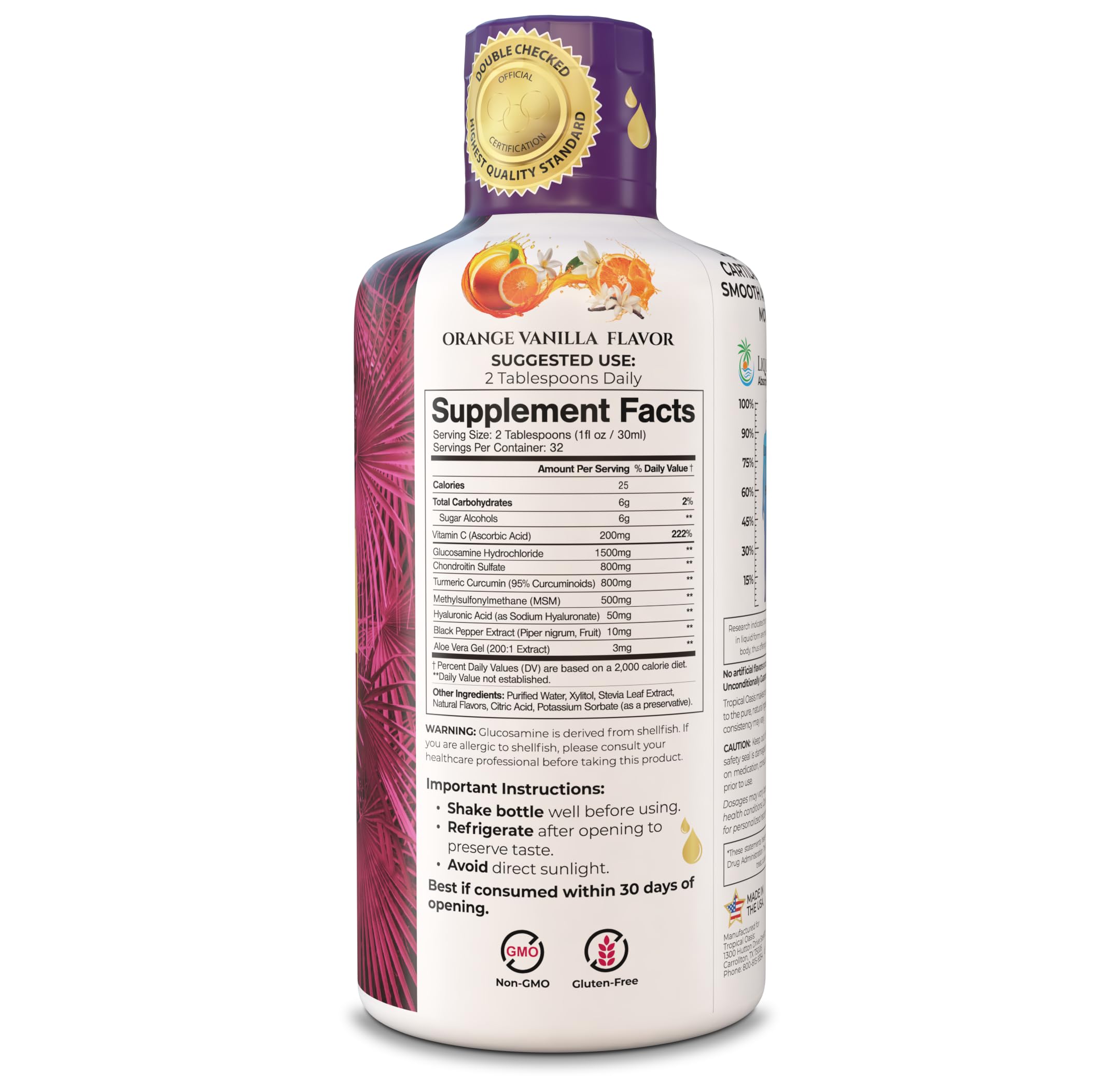 Tropical Oasis Joint Complete Premium Plus etiqueta cercana destaca glucosamina y curcumina.