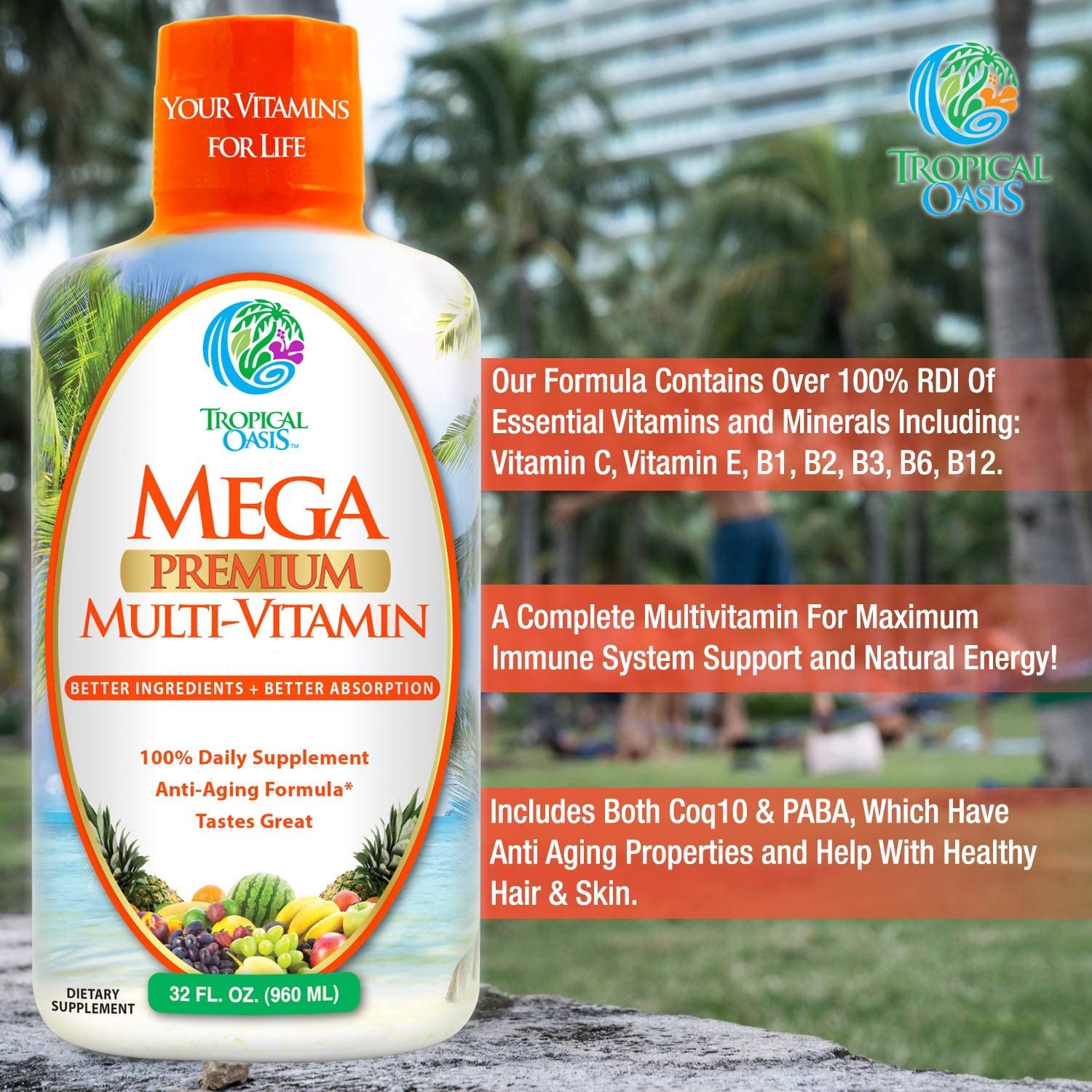 Panel de nutrientes de Tropical Oasis Mega Premium, lista de 21 aminoácidos y 70 minerales.