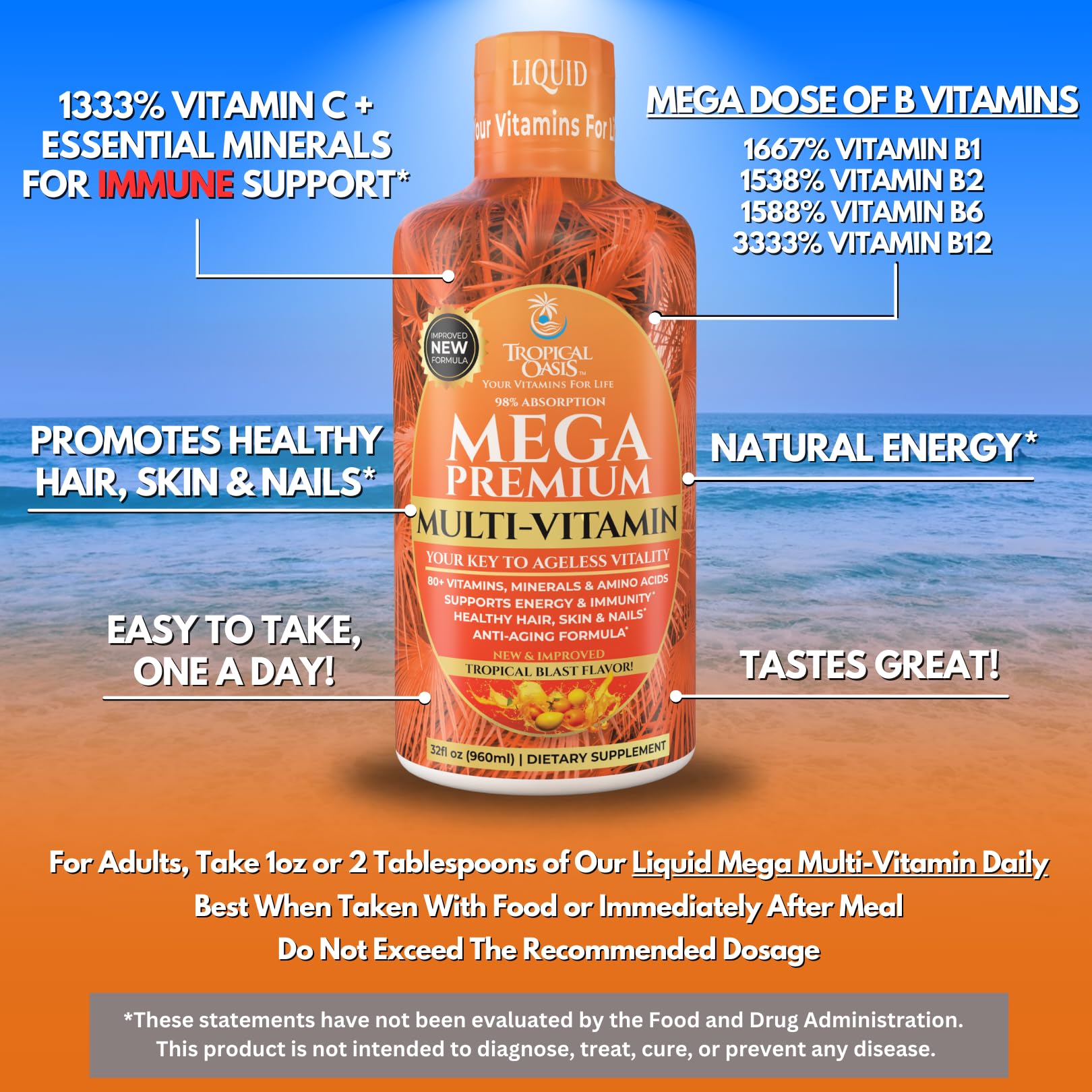 Tropical Oasis Mega Premium tomando dosis diaria para vitalidad.