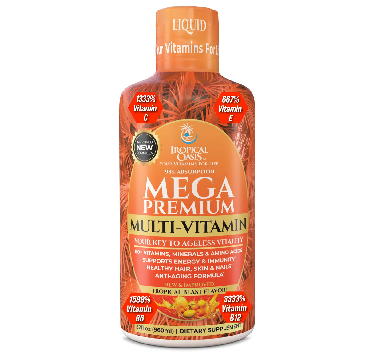 Tropical Oasis Mega Premium en botella frontal, posible apoyo a la energía diaria.