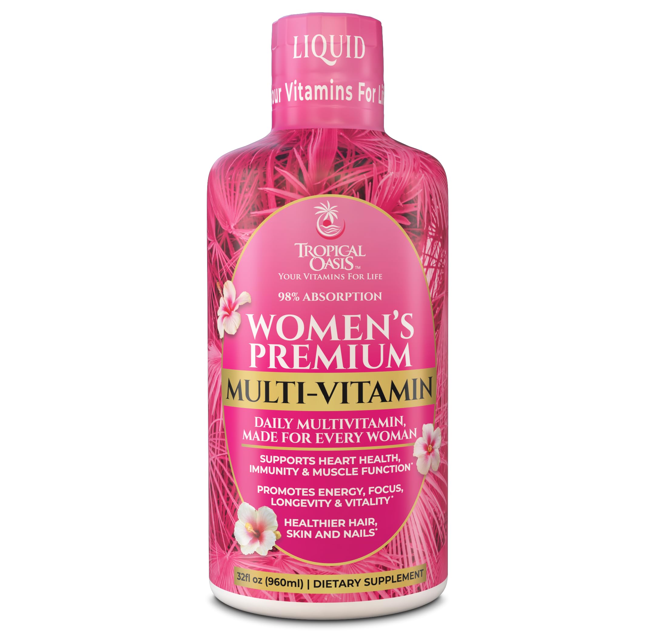 Tropical Oasis multivitamínico líquido para mujeres, bote para apoyo de energía diaria.