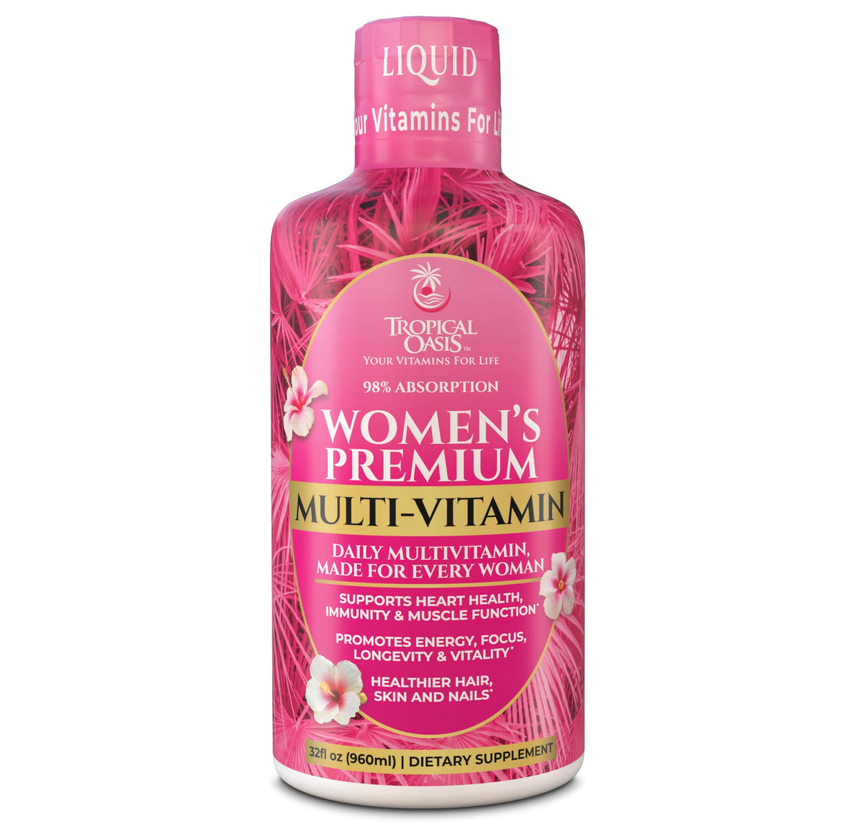 Tropical Oasis multivitamínico líquido para mujeres, bote para apoyo de energía diaria.