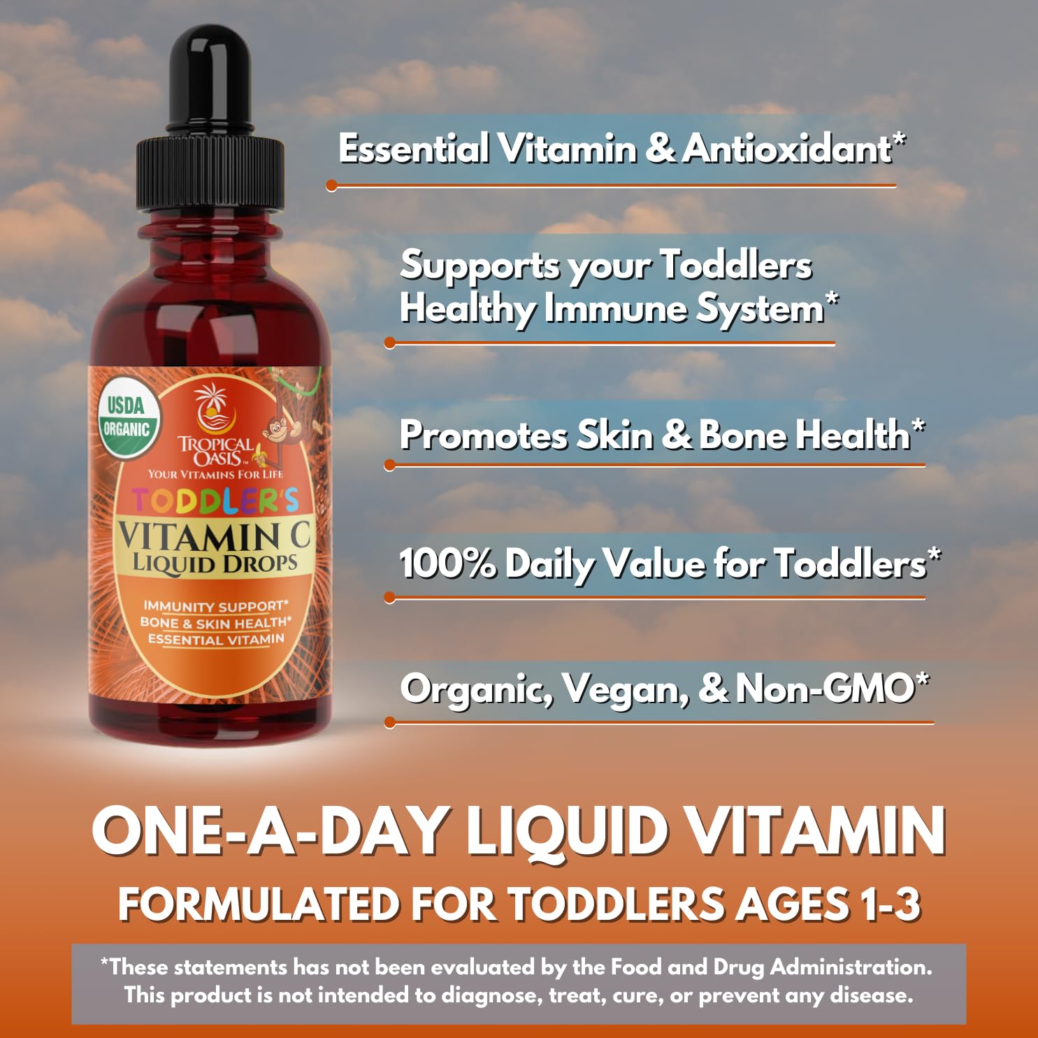 Frasco de Tropical Oasis Vitamina C elaborado en Estados Unidos para niños