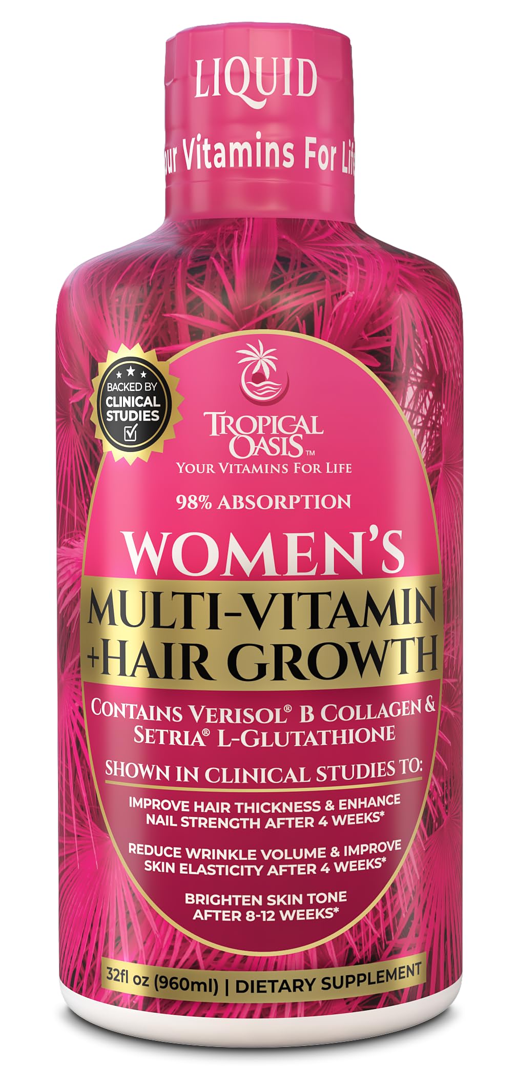 Tropical Oasis, botella de vitaminas líquidas para mujeres, dosis diaria para cabello más saludable.