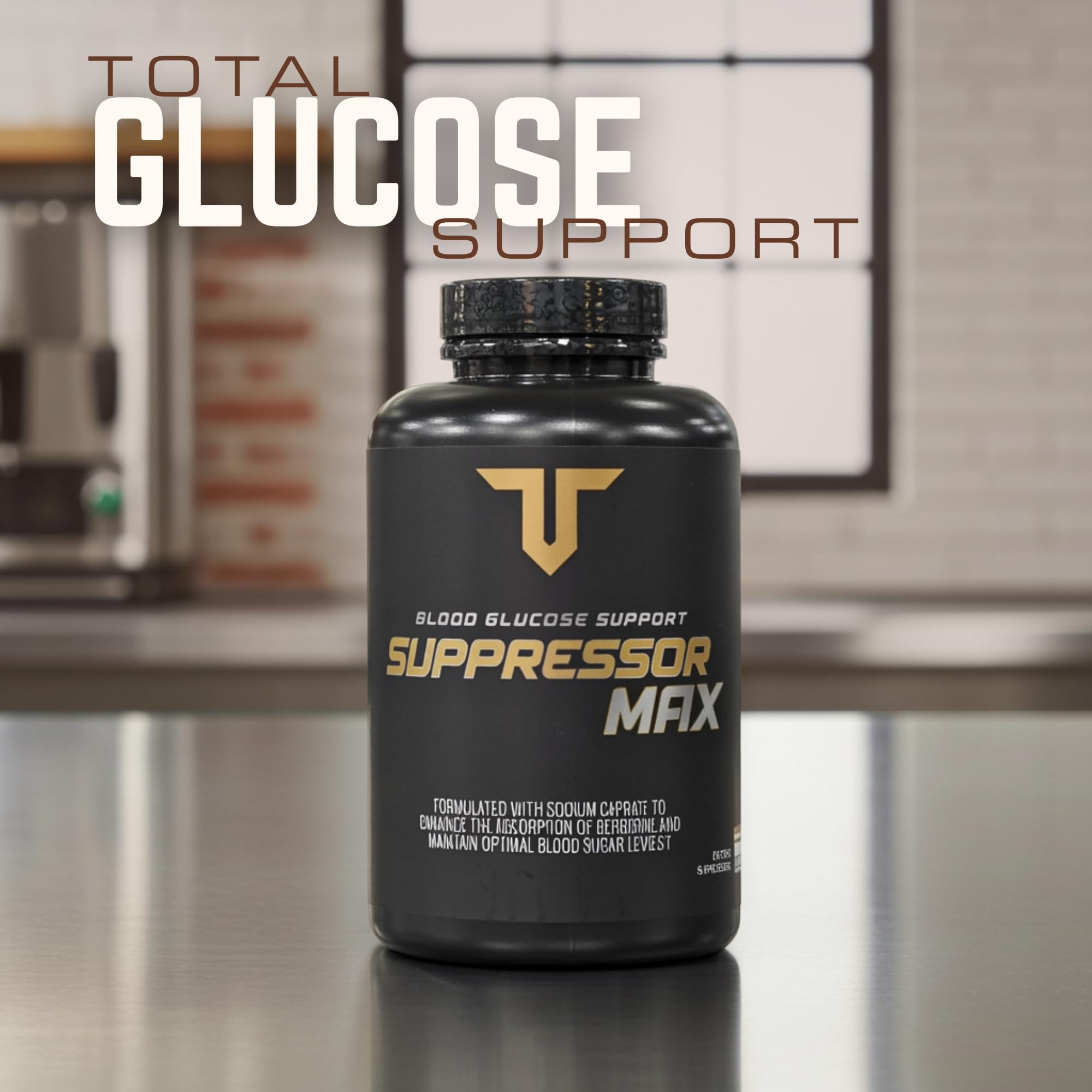 Troponin Suppressor Max GDA: botella sobre mesa de gimnasio, fácil de ubicar en tu rutina.