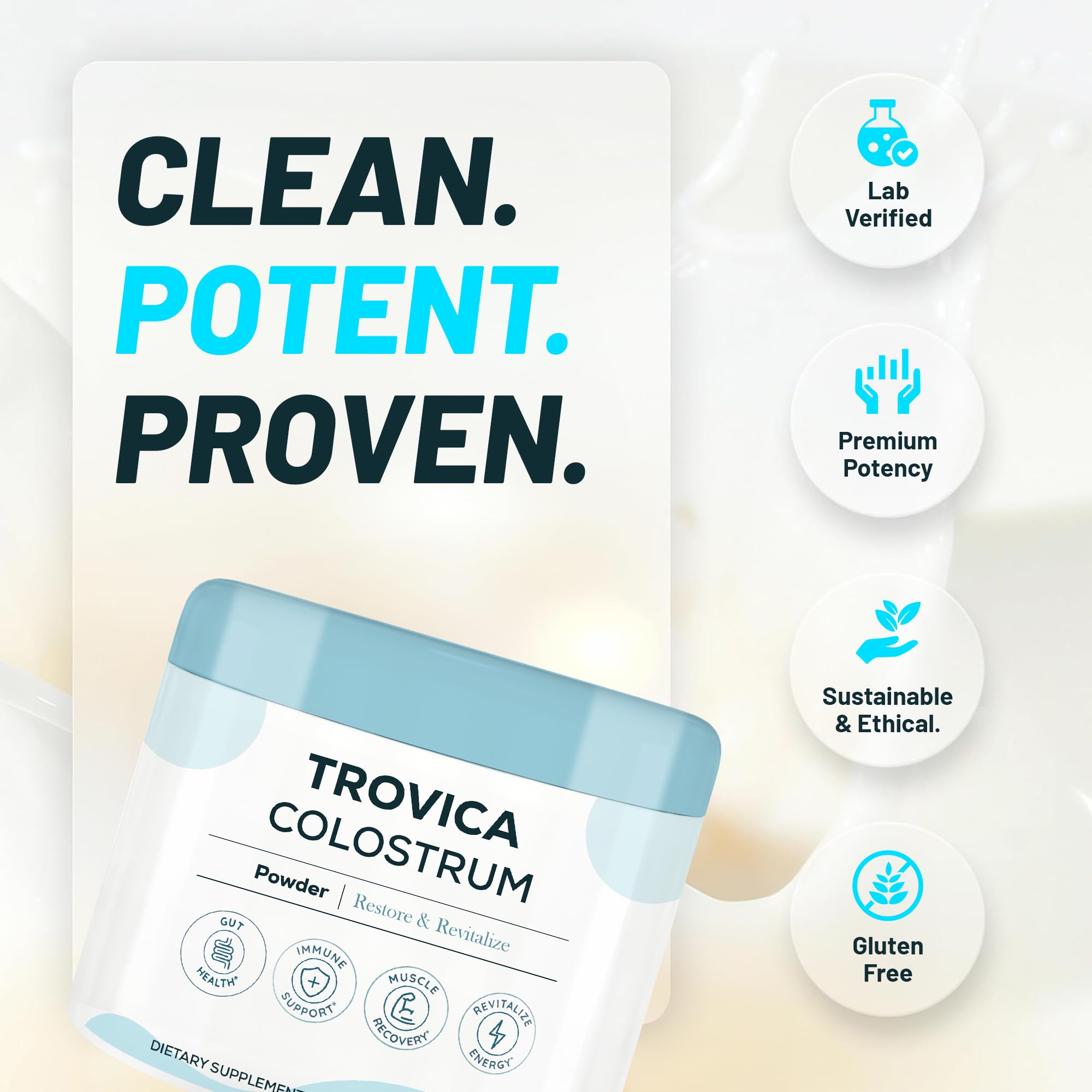 Etiqueta de TROVICA Colostro en polvo resalta origen sostenible y bioactivos.