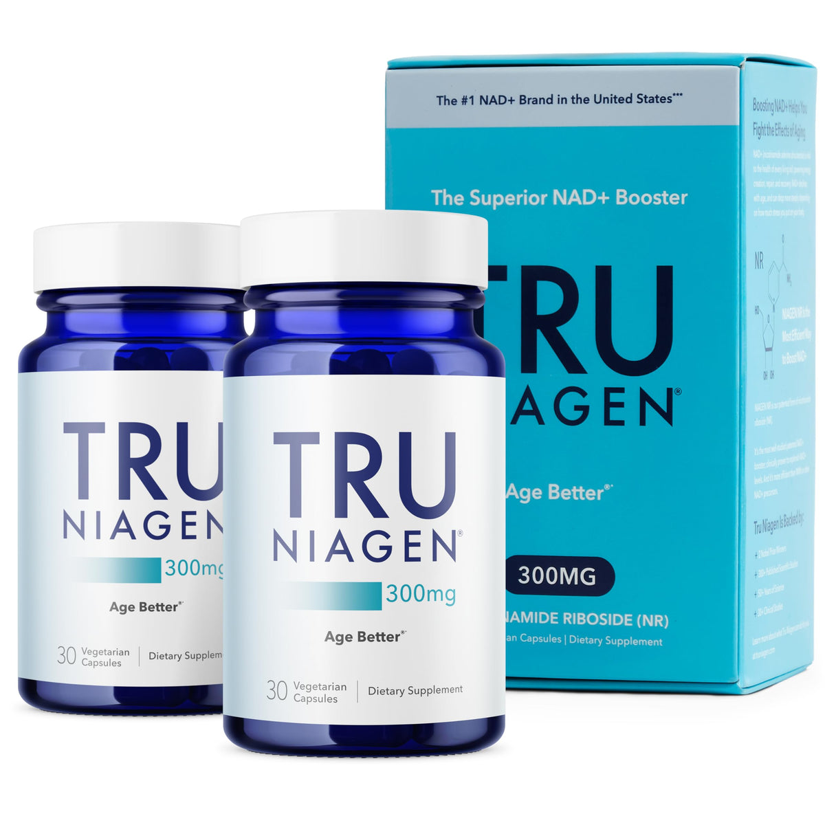 TRU NIAGEN botella con etiqueta muestra NAD para energía celular.