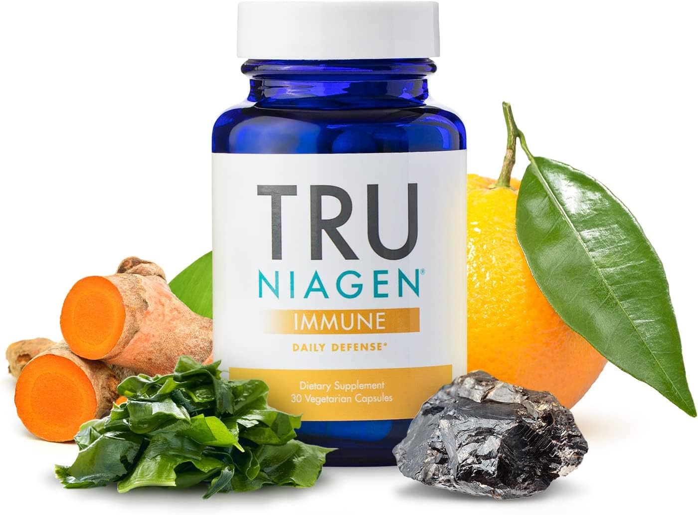 TRU NIAGEN Immune: botella frente y cápsulas para apoyo diario del sistema inmunológico.