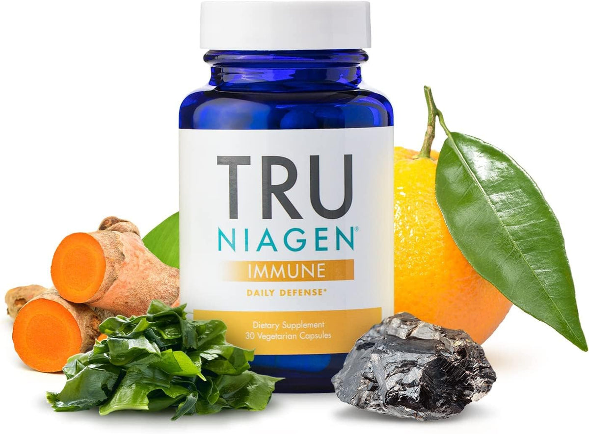 TRU NIAGEN Immune: botella frente y cápsulas para apoyo diario del sistema inmunológico.
