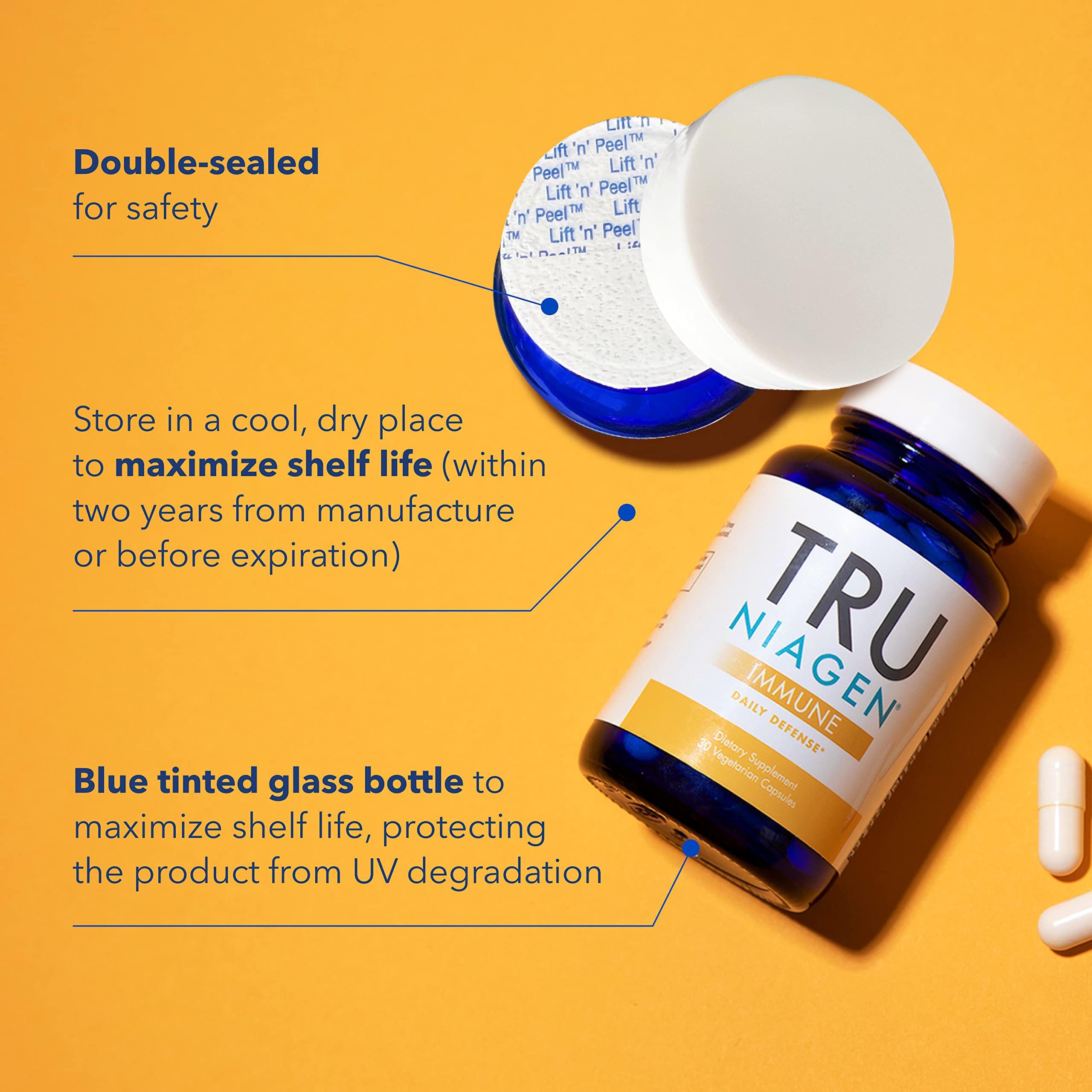 TRU NIAGEN Immune: cápsulas cercanas mostrando dosis diaria y formato vegano.