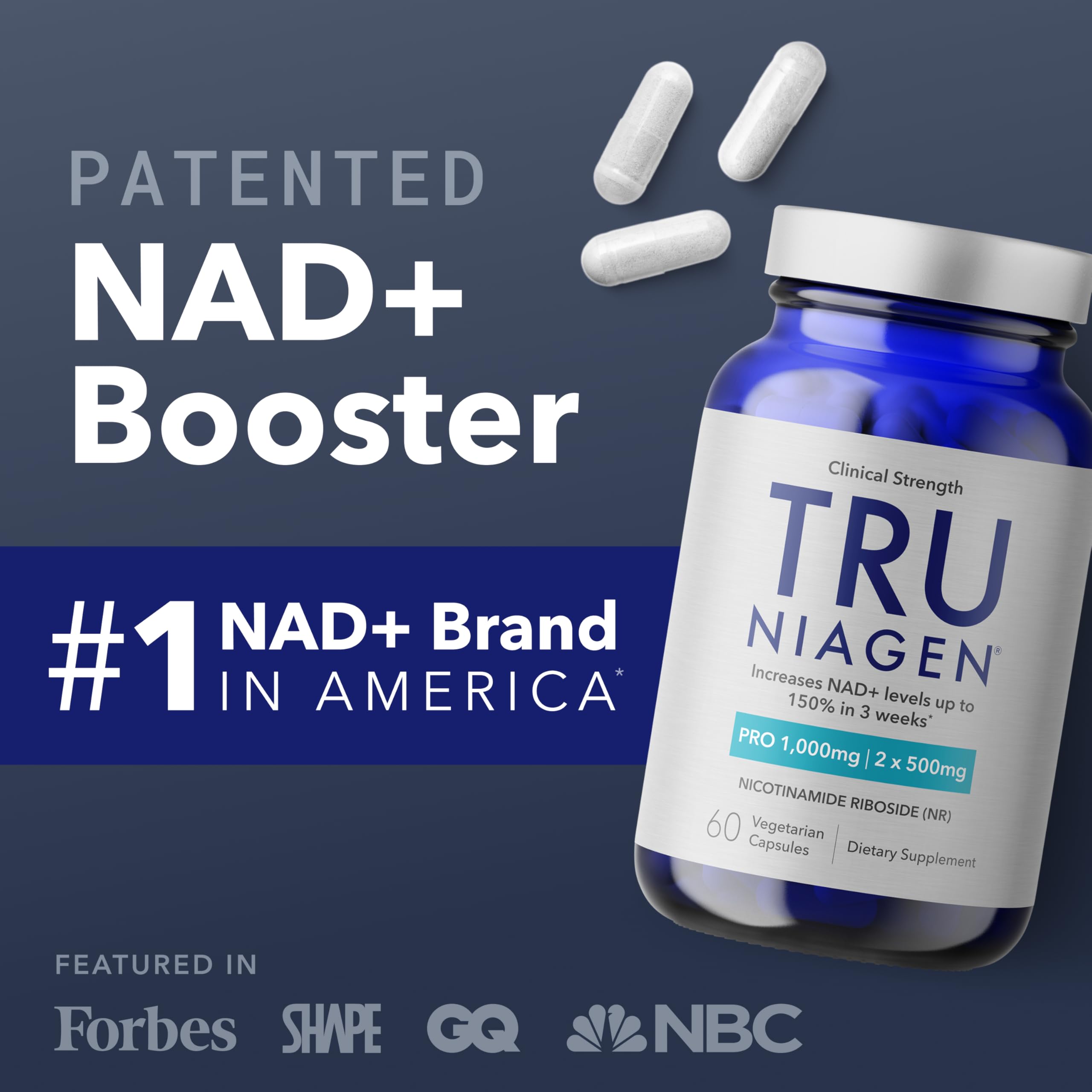 TRU NIAGEN PRO capsules being poured for daily intake.