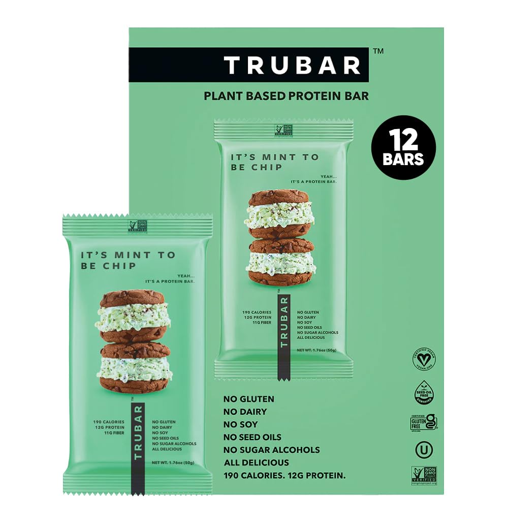 TRUBAR barra de proteína vegana sabor menta con chocolate, perfecta merienda.