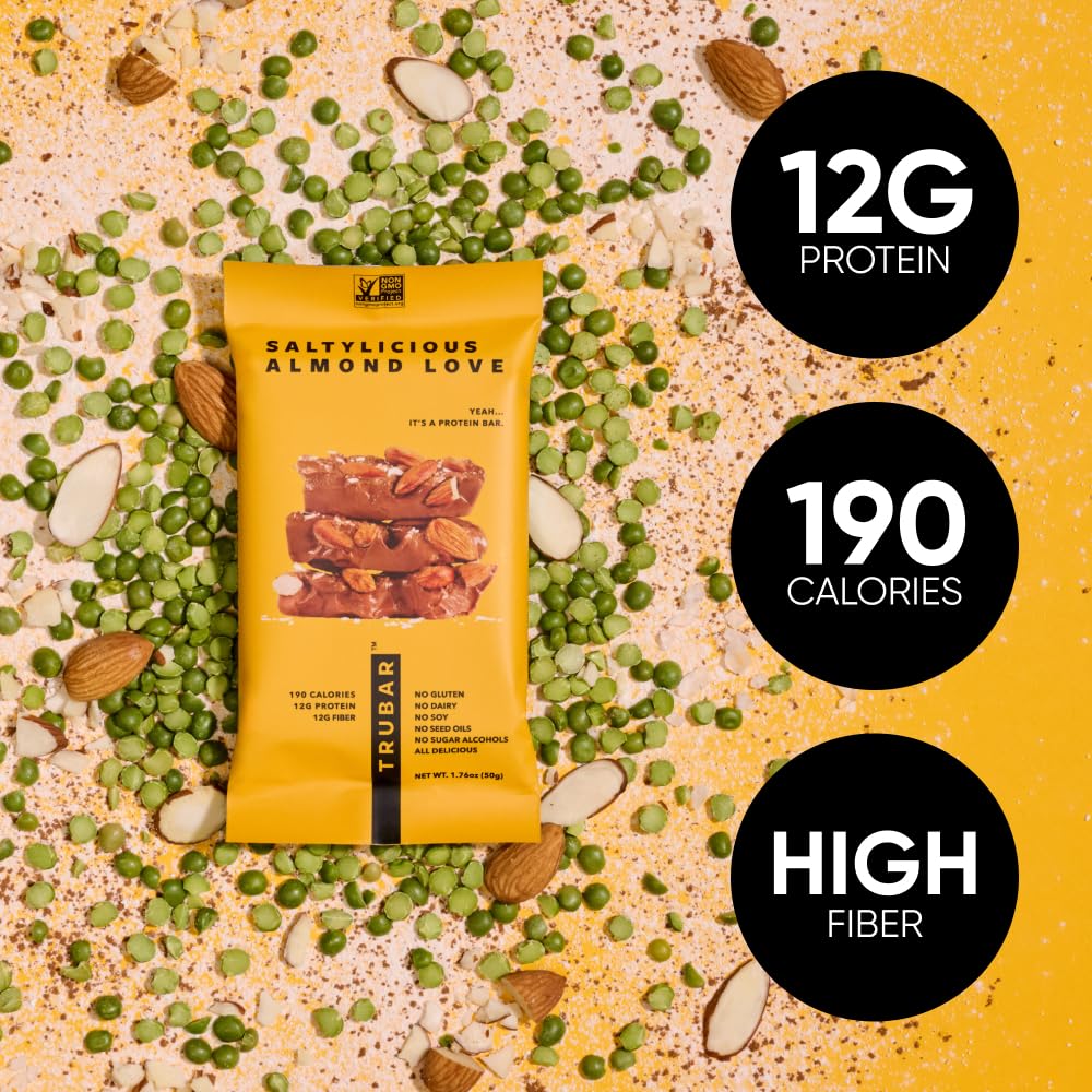 TRUBAR Saltylicious Almond Love etiqueta: información clara para seleccionar sin alérgenos.