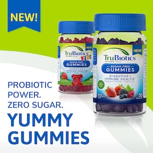 Etiqueta TruBiotics para niños, destaca probióticos y prebióticos para la salud intestinal.