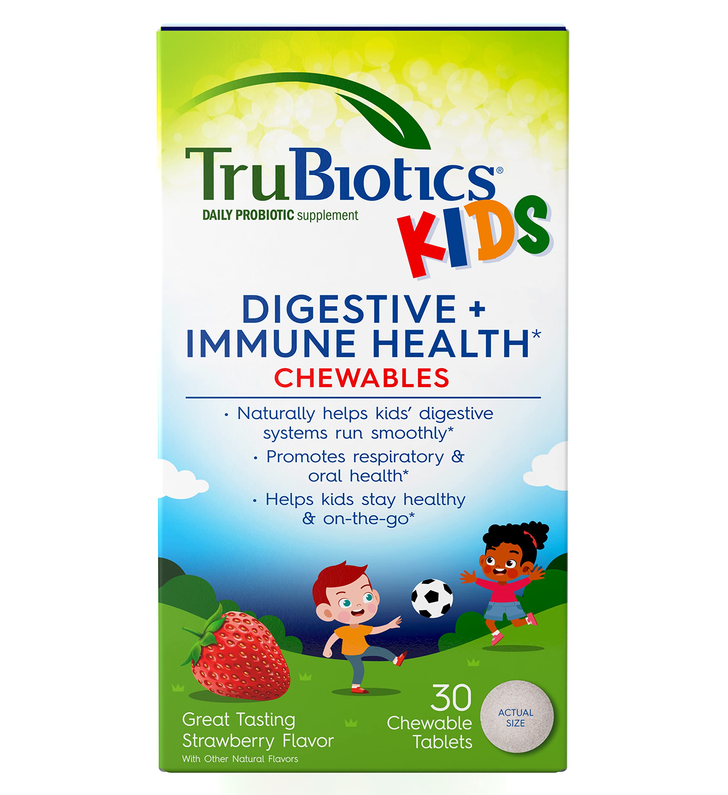 TruBiotics para niños: tabletas sabor fresa que apoyan la digestión diaria.
