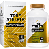 True Athlete ZMA Theanine: botella con cápsulas para apoyar recuperación muscular y sueño