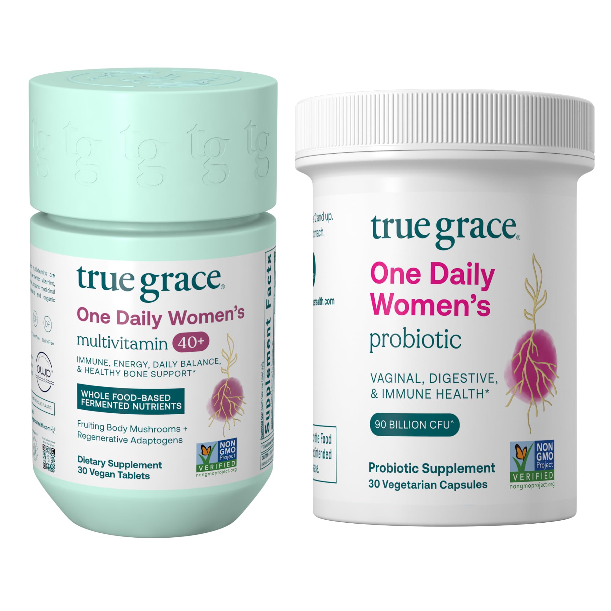 True Grace multivitaminas 40+ en botella, soporte diario para energía y bienestar.