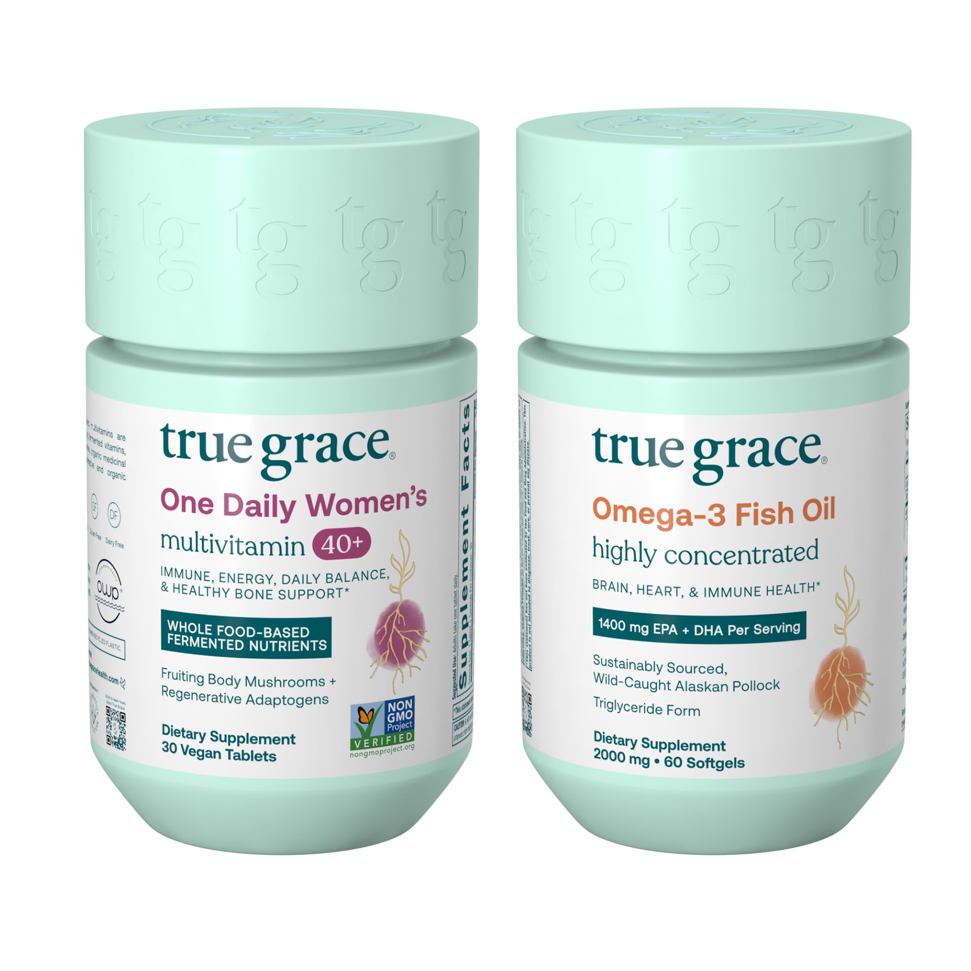True Grace bundle multivitamínico diario y omega-3 para uso diario y bienestar general.