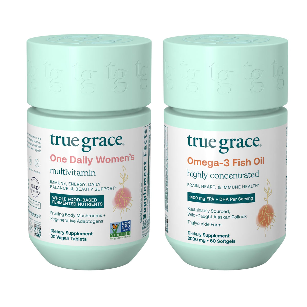 True Grace bundle multivitaminas para mujer, tabletas veganas para uso diario.