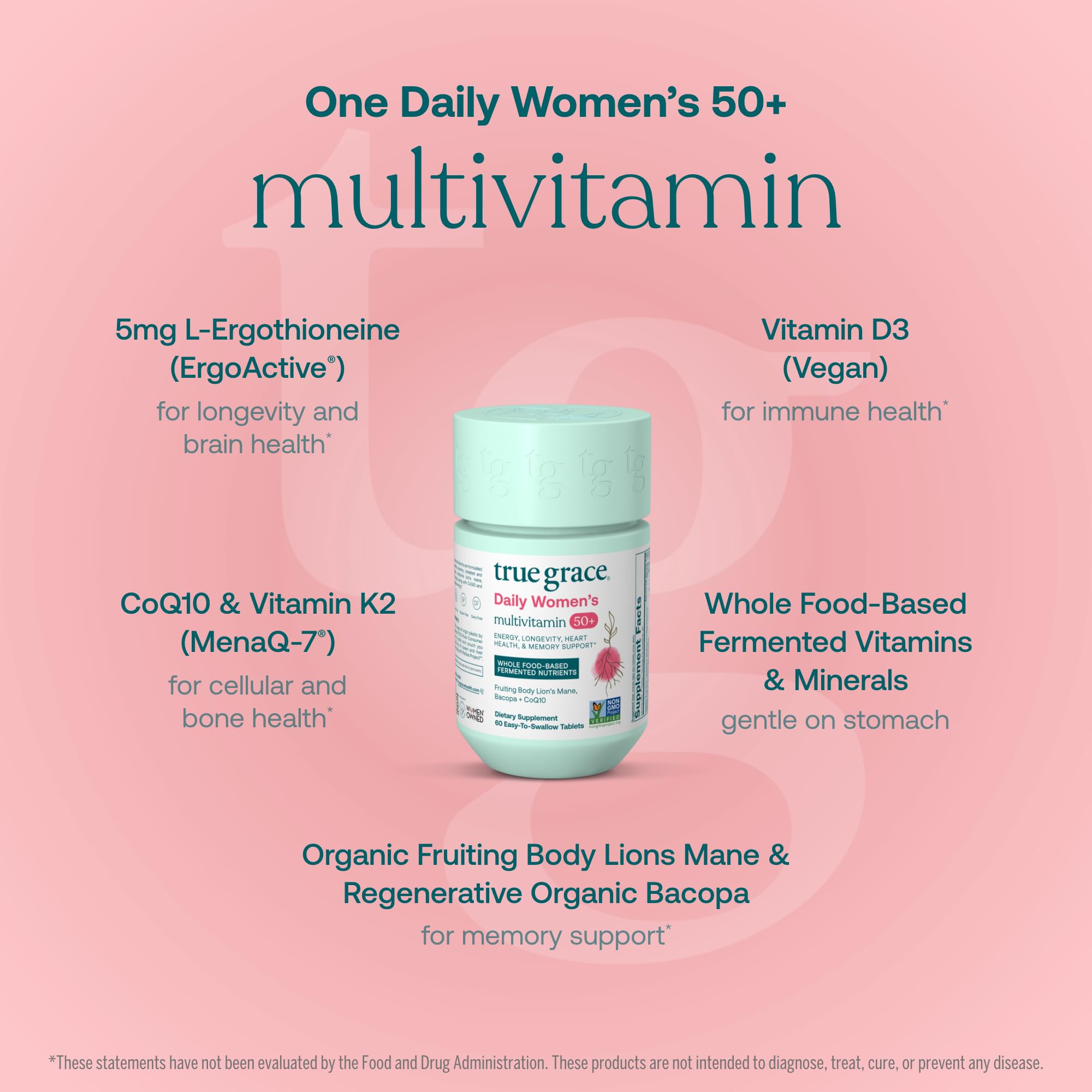 Etiqueta del producto True Grace Daily Multivitamin 50+ con información de ingredientes.