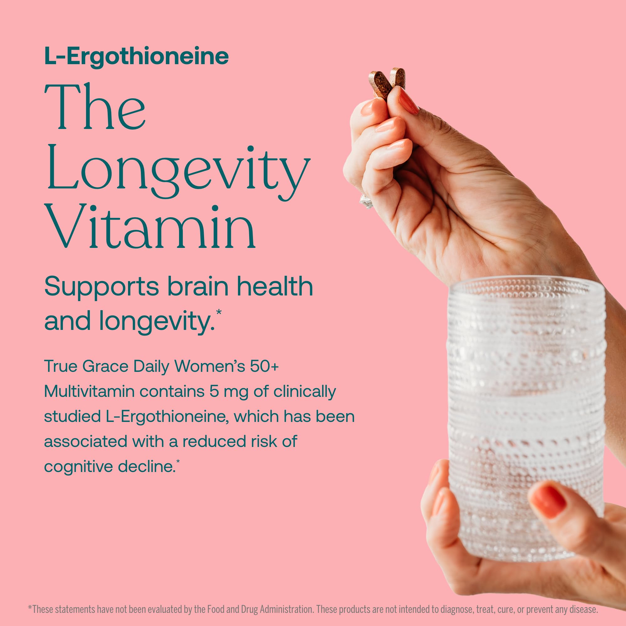 Ingredientes clave de True Grace Daily Multivitamin 50+: longevidad y salud cerebral.