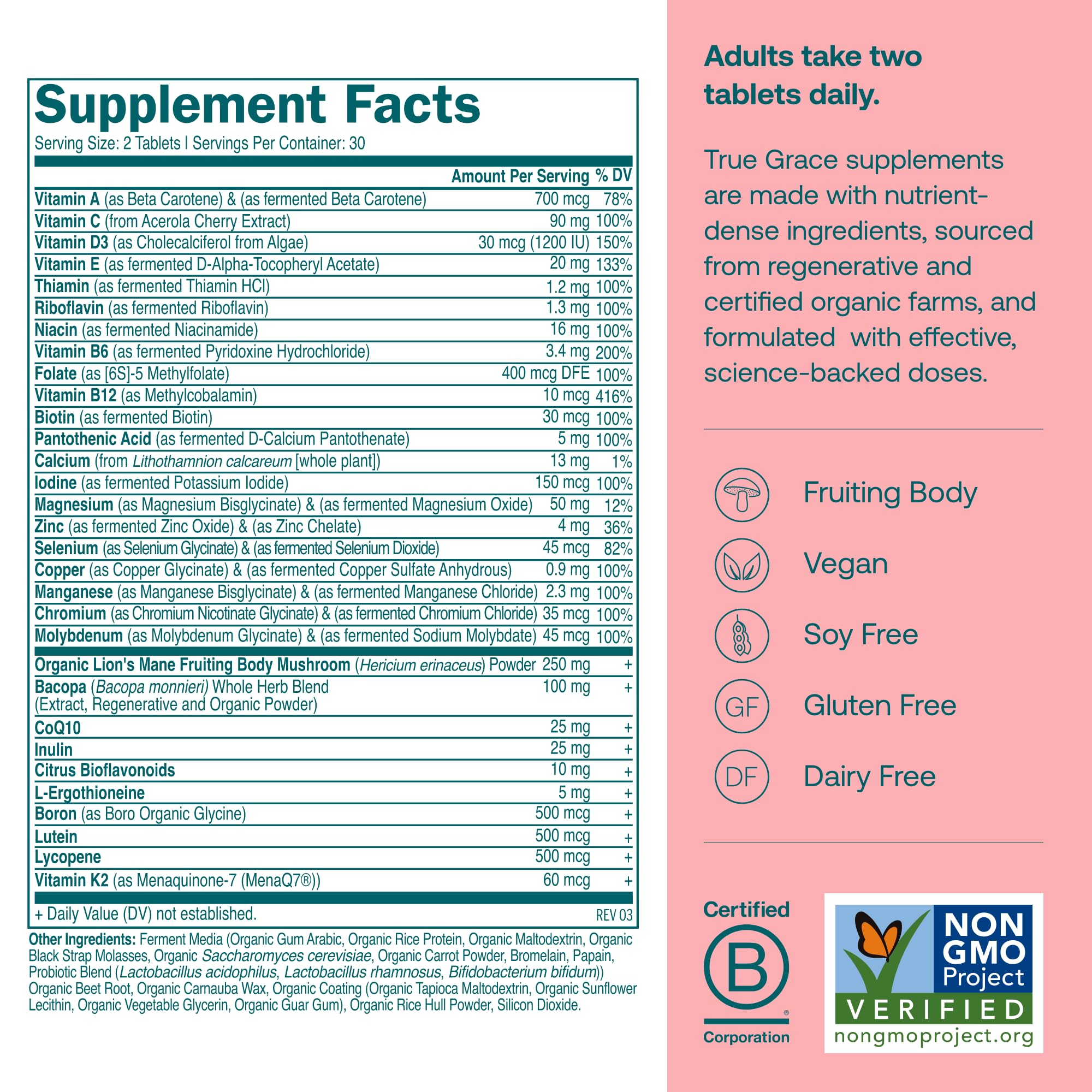 True Grace Daily Multivitamin 50+ en tabletas: dosis diaria fácil de tragar.