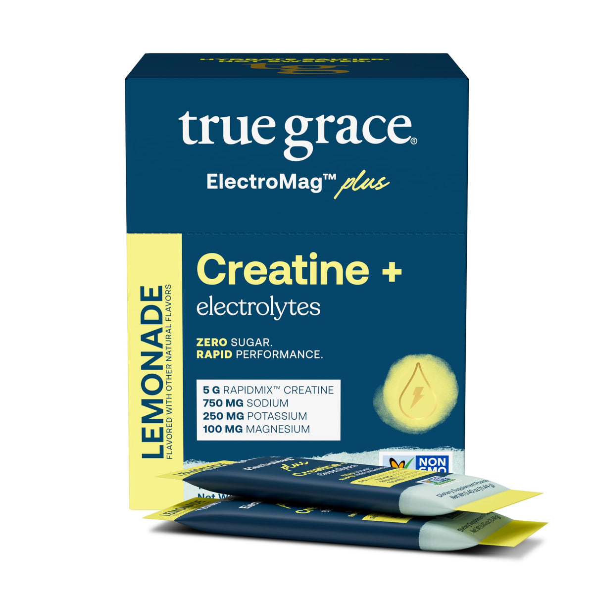 True Grace ElectroMag empaque frontal, lista para hidratar antes del entrenamiento.
