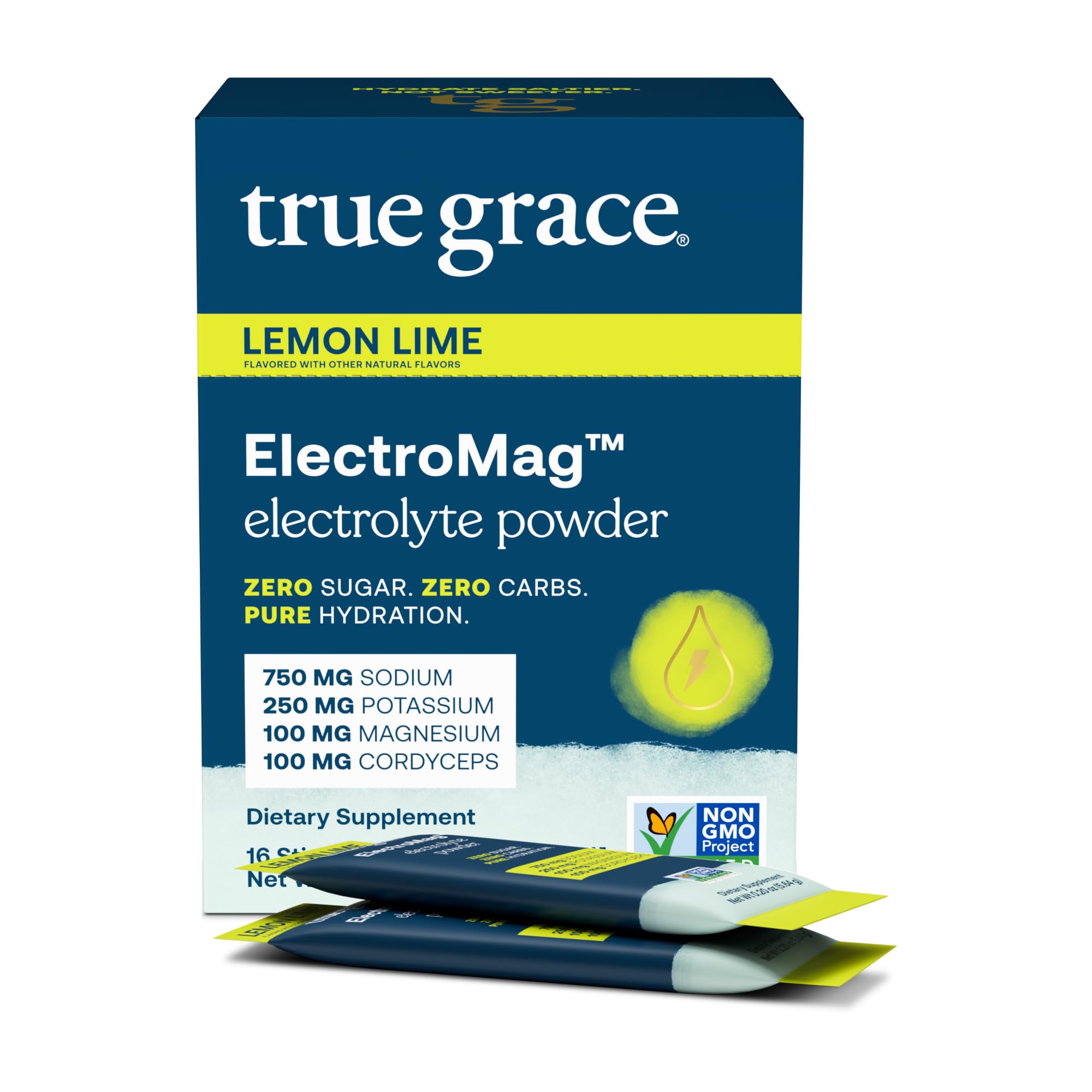 True Grace ElectroMag con sabor limón-lima, sobre de hidratación rápida para entrenamientos.