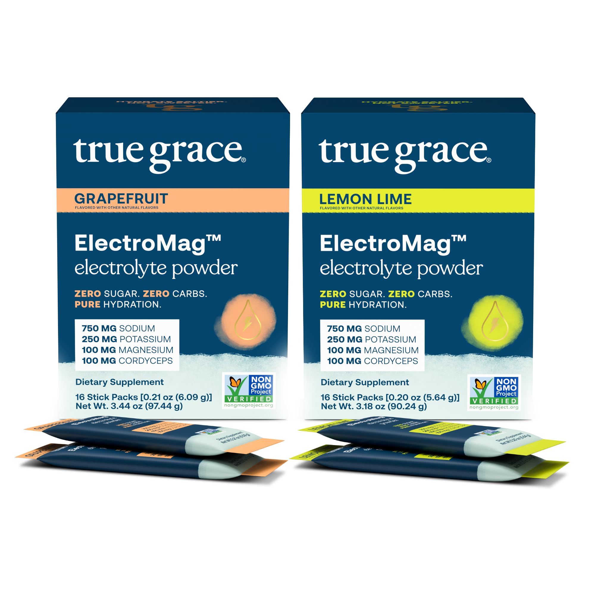 True Grace ElectroMag toronja, paquete de palitos para hidratación rápida.