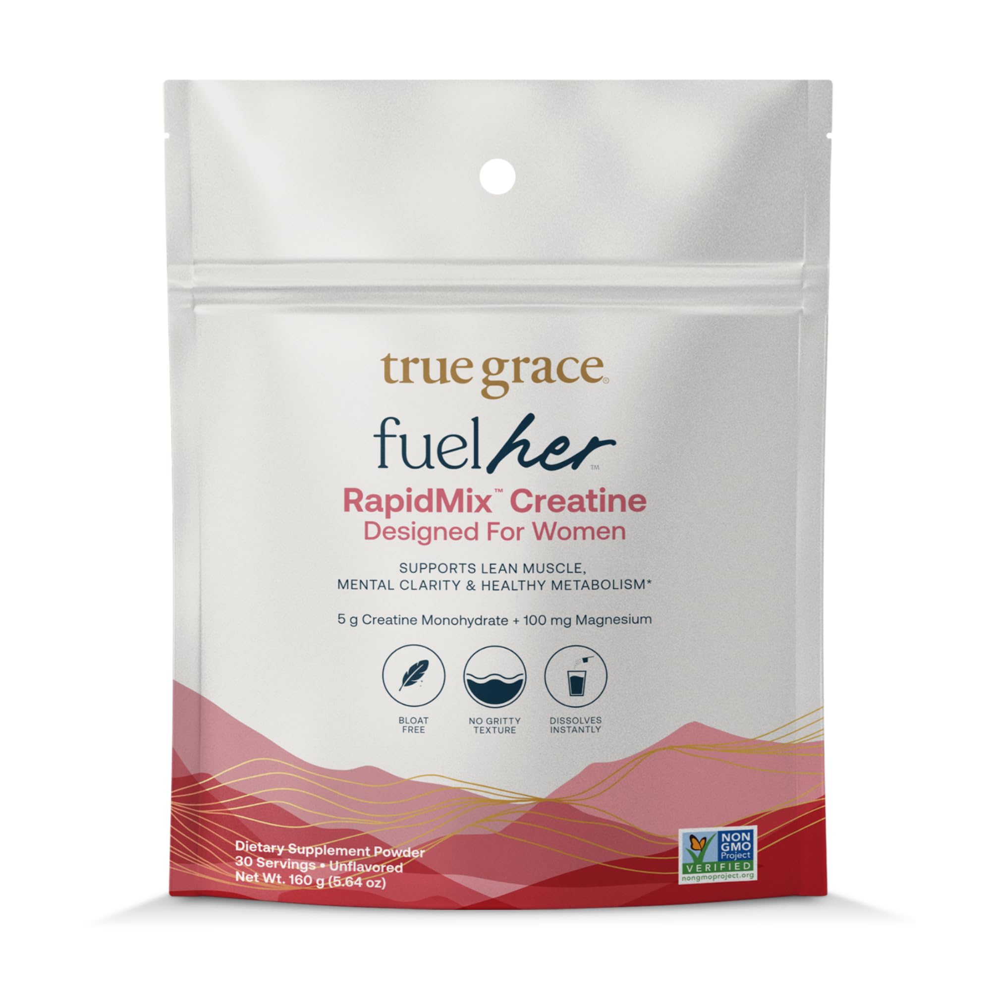 True Grace FuelHer RapidMix creatina monohidratada en envase, soporte limpio para músculo y enfoque.