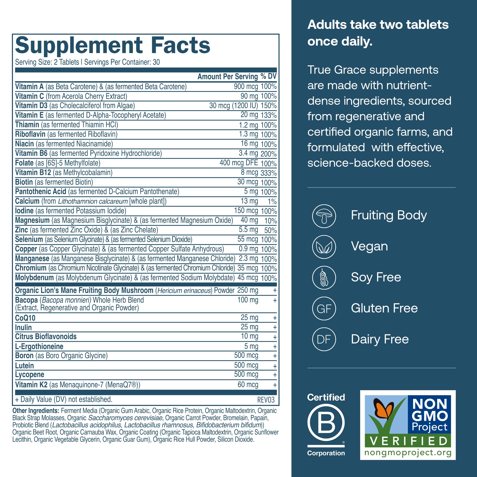 True Grace Multivitamínico Diario: etiqueta detallada, transparencia de ingredientes para confianza.