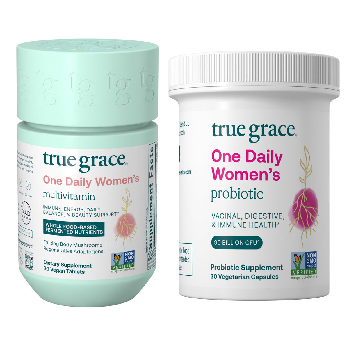 True Grace: botella de multivitaminas femeninas para uso diario.