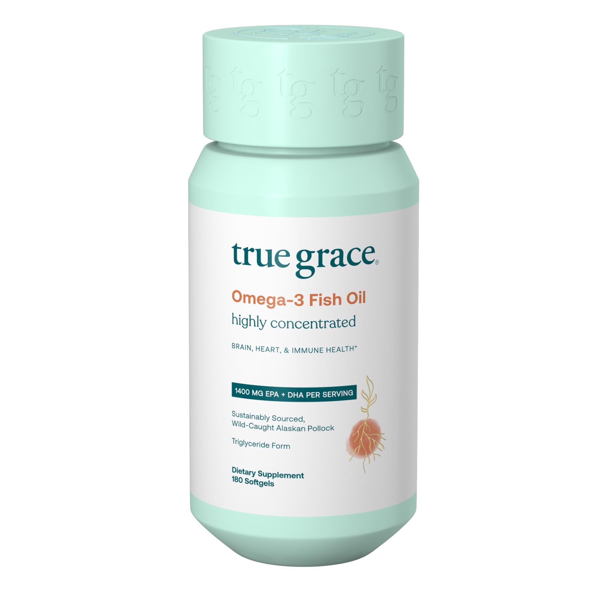 True Grace Omega-3, botella de cápsulas, apoyo para la función cerebral