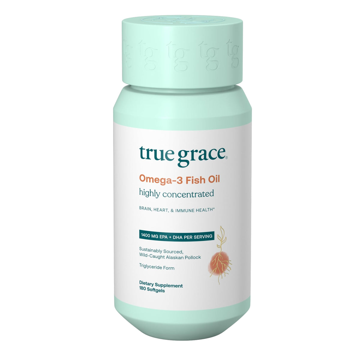 True Grace Omega-3, botella de cápsulas, apoyo para la función cerebral