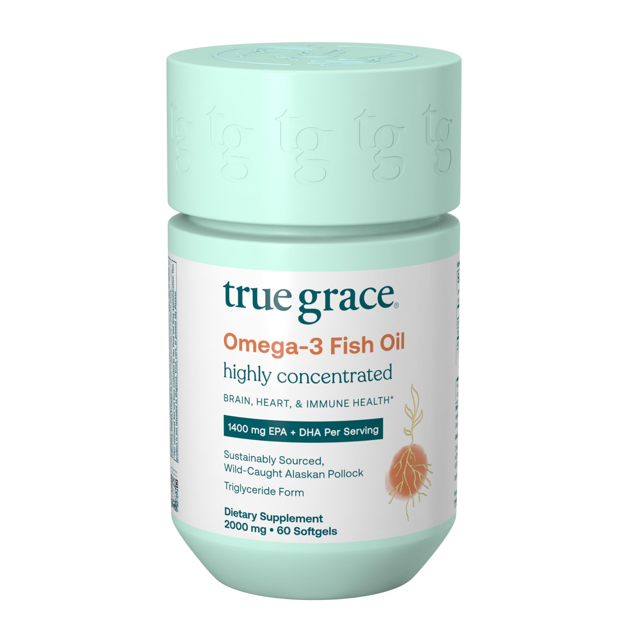 True Grace Omega-3: botella de cápsulas lista para uso diario.