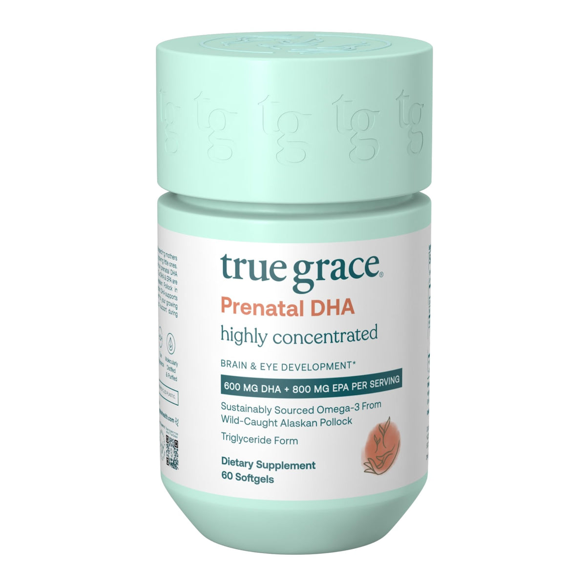 True Grace Prenatal DHA: botella con cápsulas para apoyo al desarrollo del bebé.