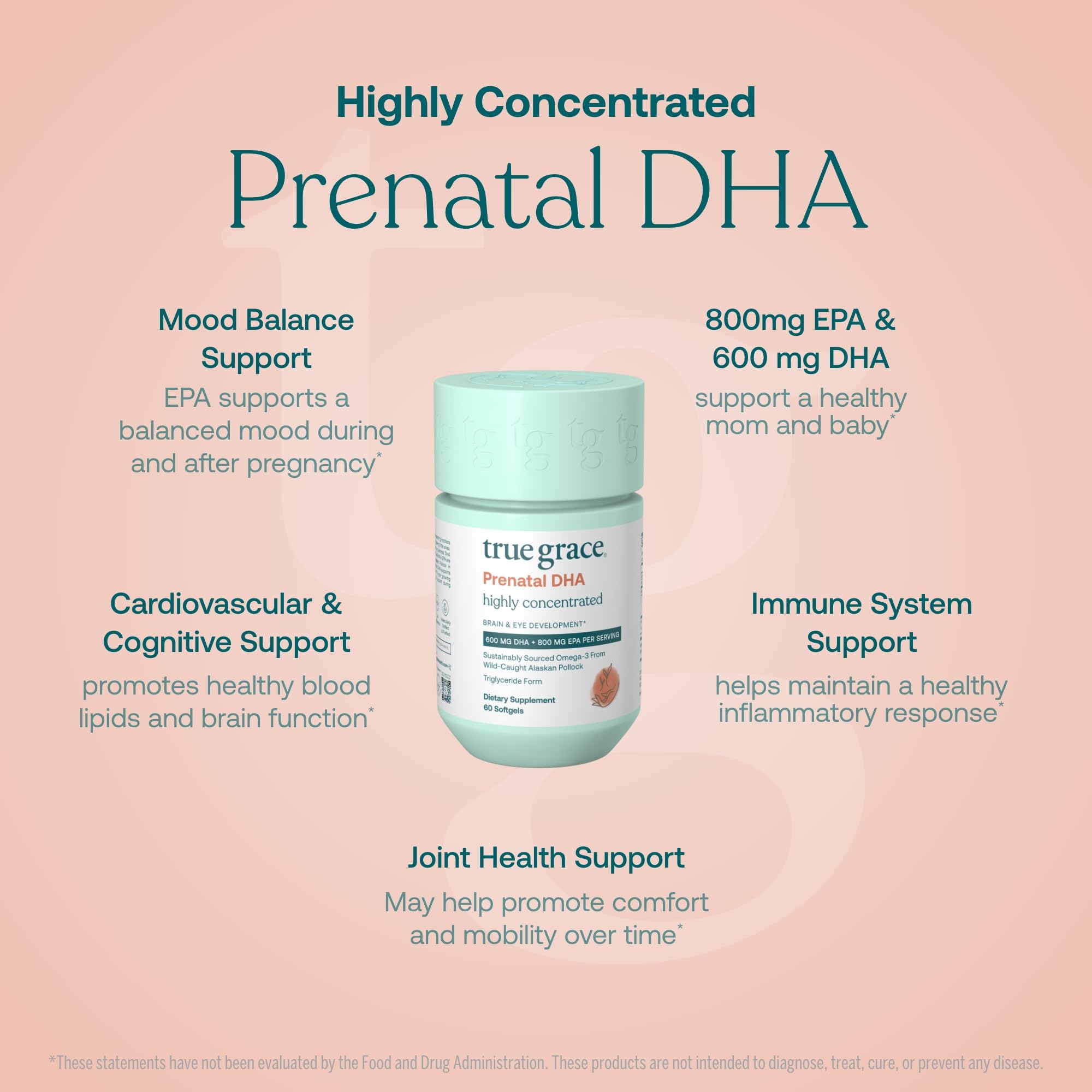 True Grace Prenatal DHA: etiqueta y envase reciclable para una opción sostenible.