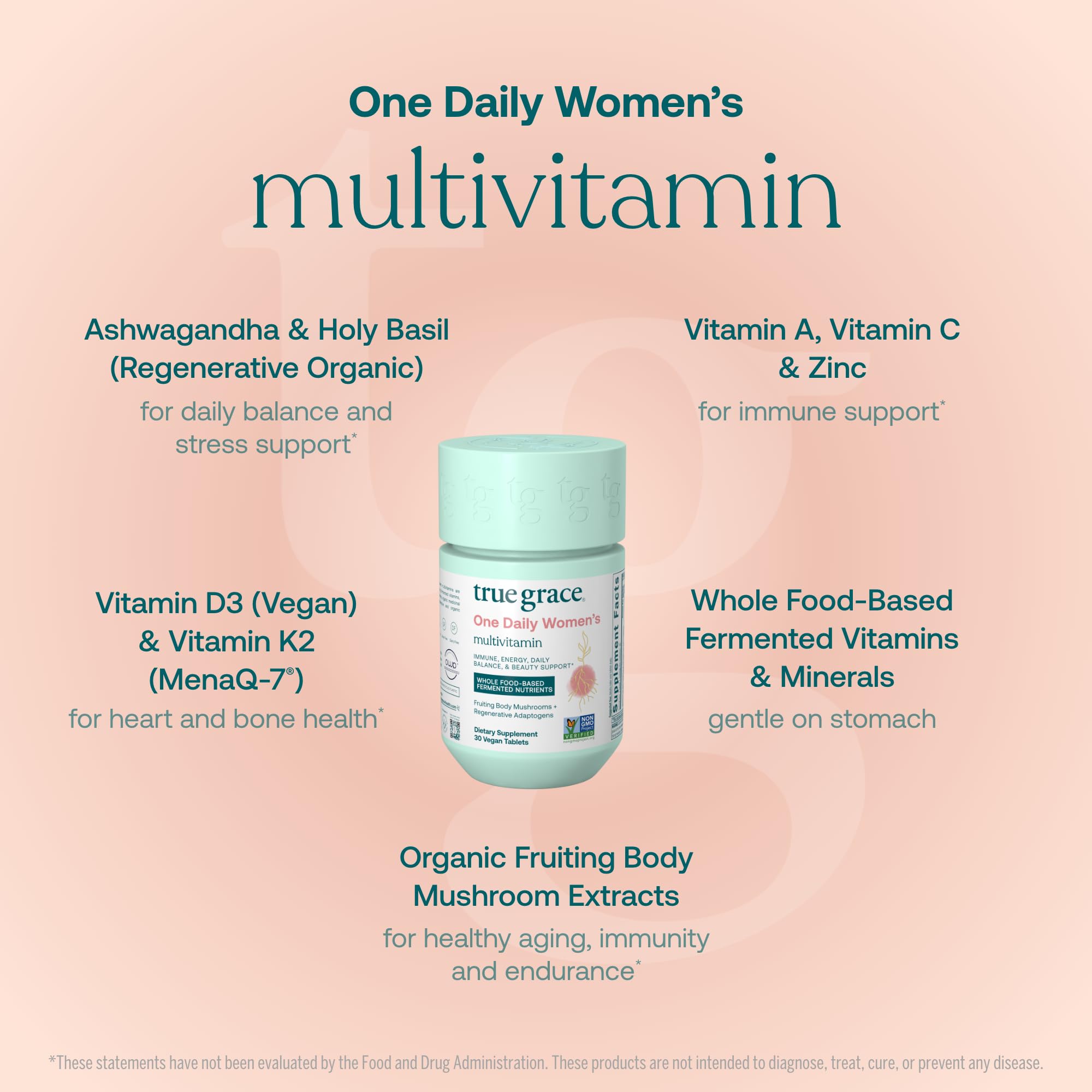 Tabletas veganas de True Grace para mujer, cuidado diario de la salud.
