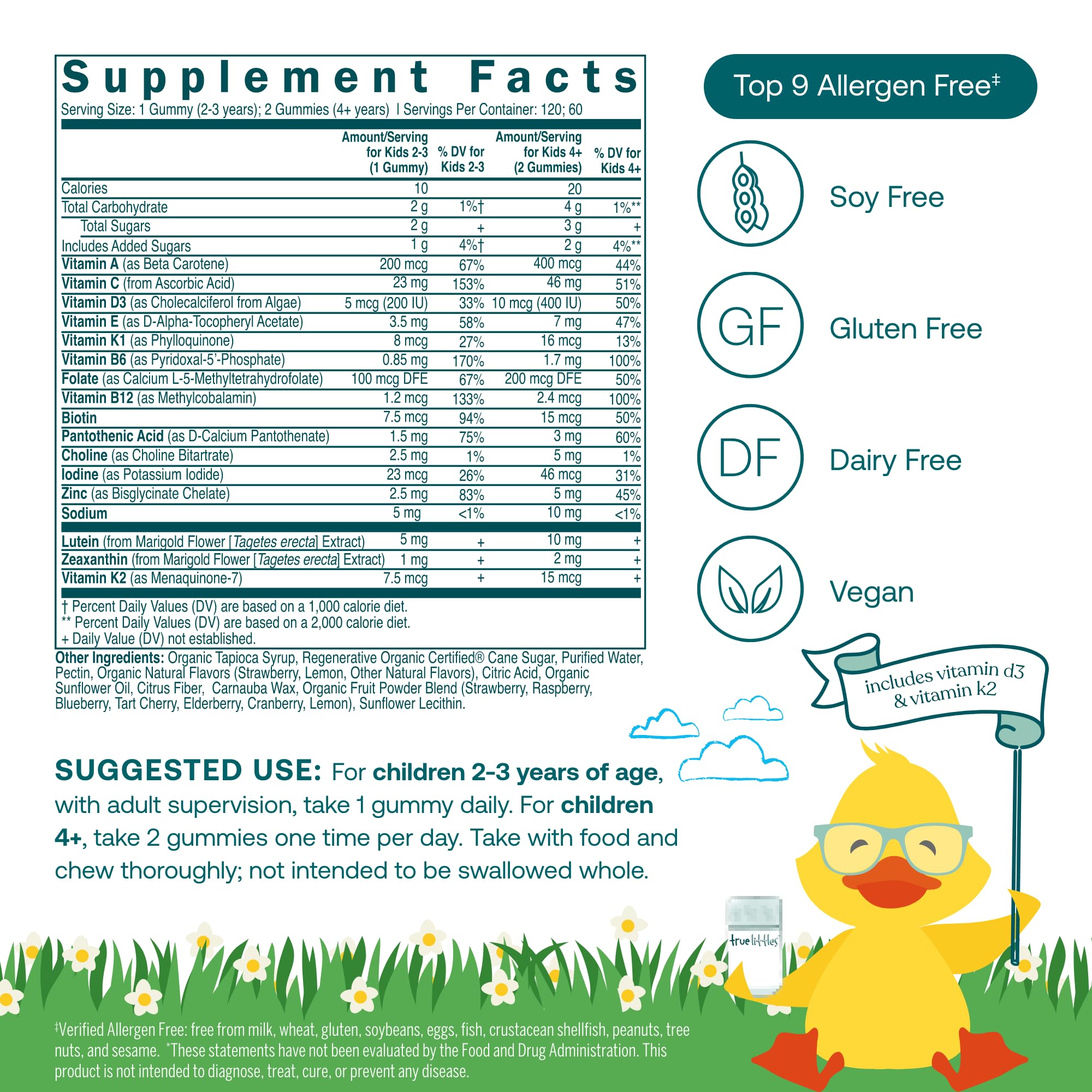 Etiqueta del producto True Littles Daily Multivitamin, muestra dosis y beneficios para el desarrollo.