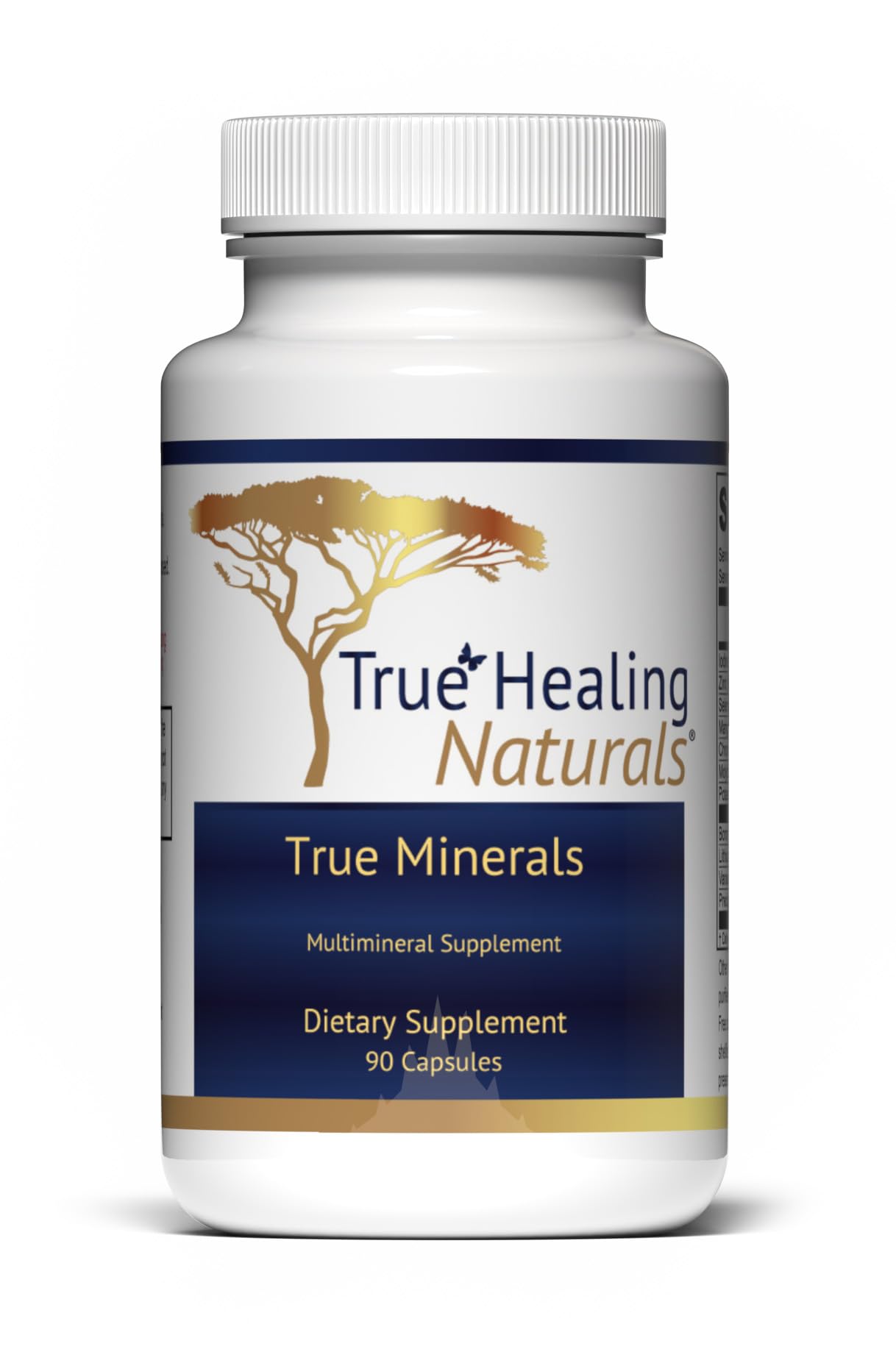 True Healing Naturals True Minerals, botella de cápsulas para apoyo nutricional diario.