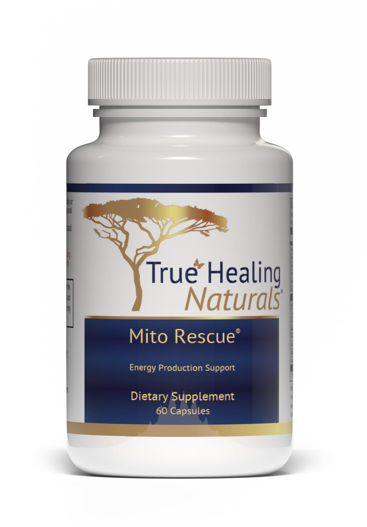 True Healing Naturals Mito Rescue, botella de cápsulas, apoyo suave de energía diaria.