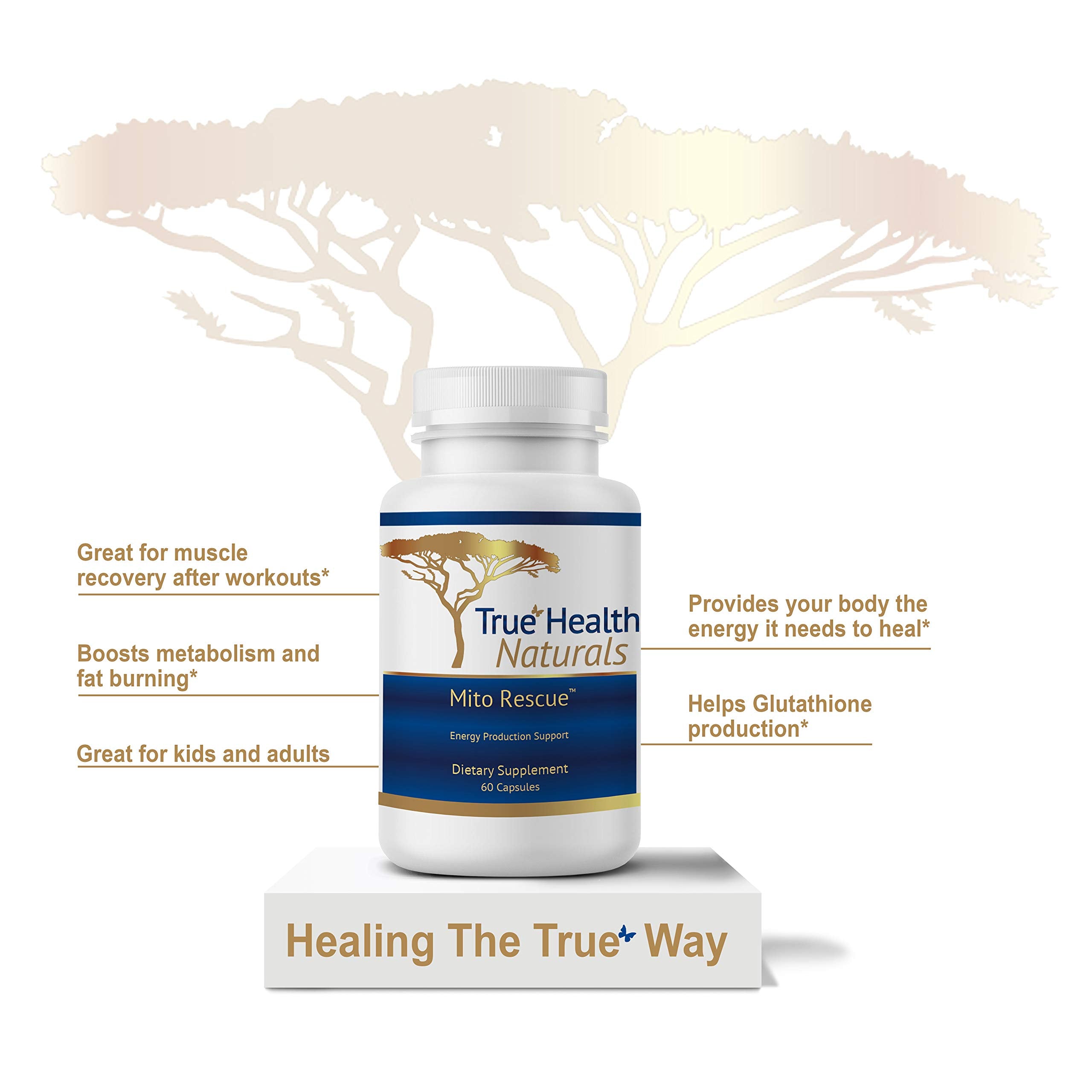 True Healing Naturals Mito Rescue, etiqueta del producto, fácil referencia de ingredientes que apoyan la energía.