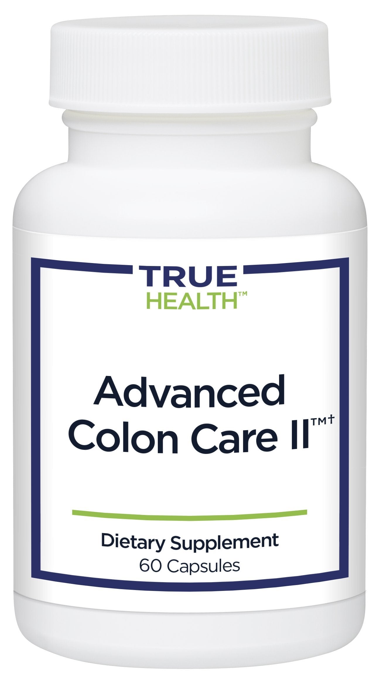 True Health Cuidados Avanzados del Colon II, botella visible, favorece movimientos intestinales suaves.