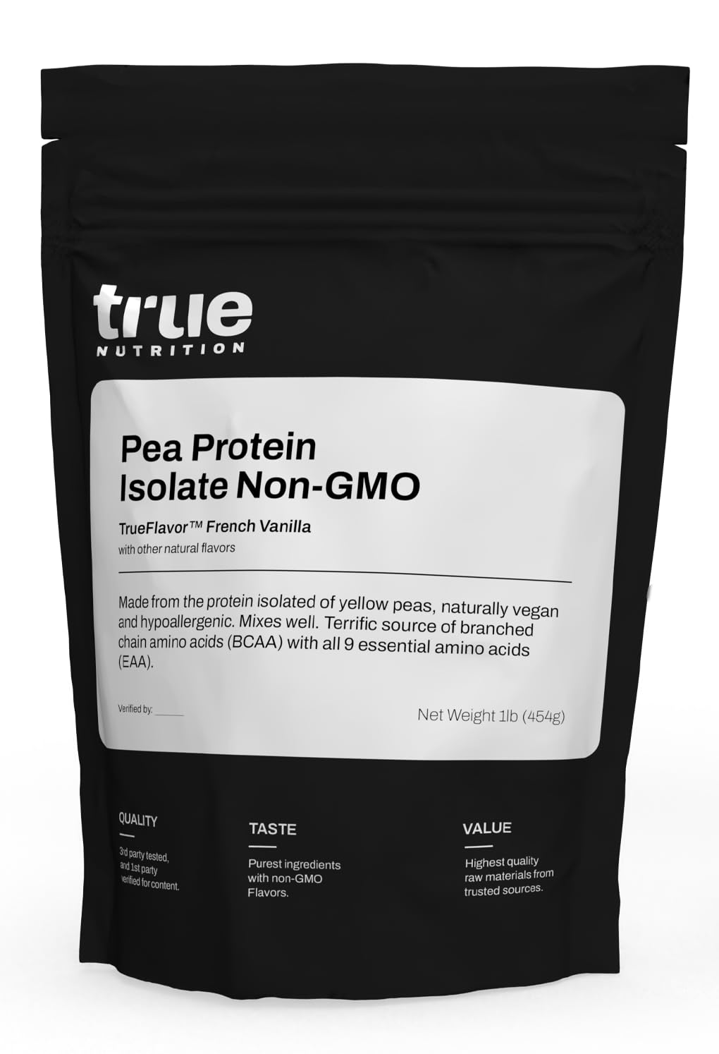 Proteína de guisante aislada de True Nutrition con vainilla francesa, ideal para batidos veganos.