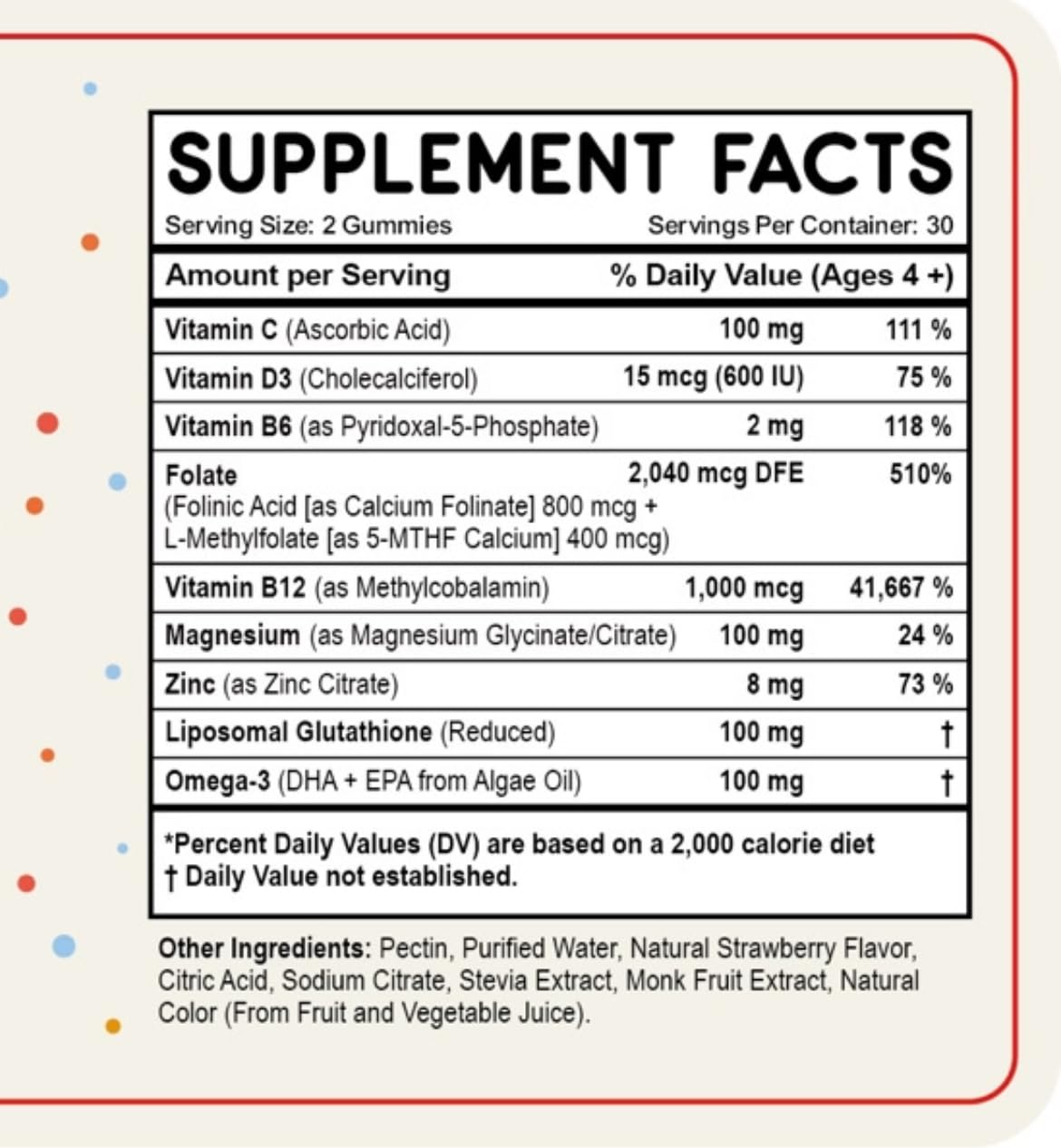 Etiqueta de información nutricional clara de las gomitas folínico True Reflectionz.