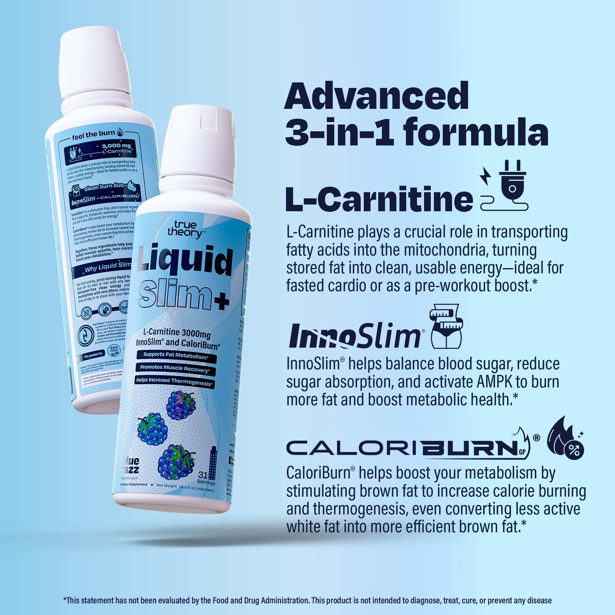 True Theory Liquido Slim: etiqueta destaca CaloriBurn GP e InnoSlim en la fórmula