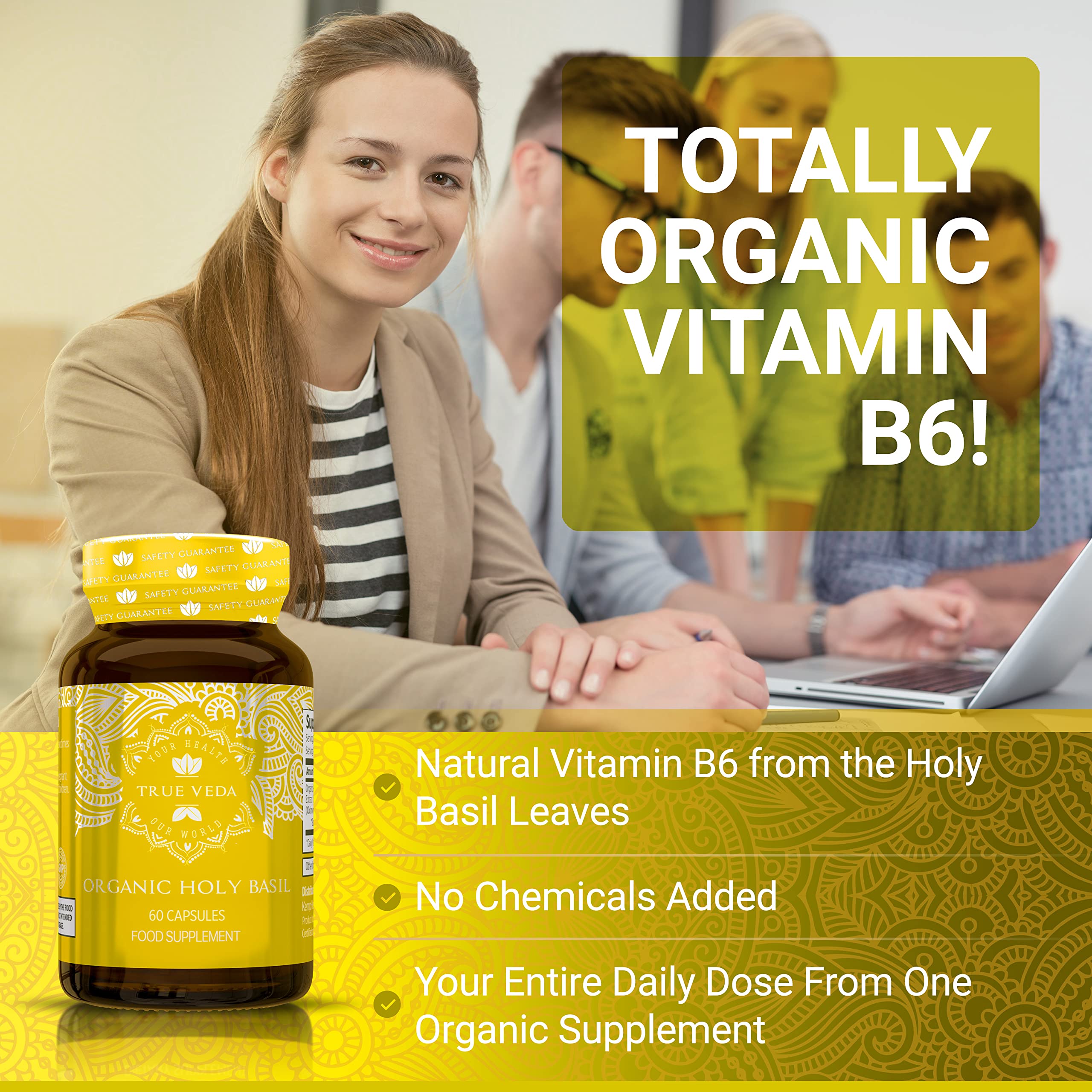 True Veda Albahaca Santa etiqueta orgánica comunica pureza y calidad certificada.